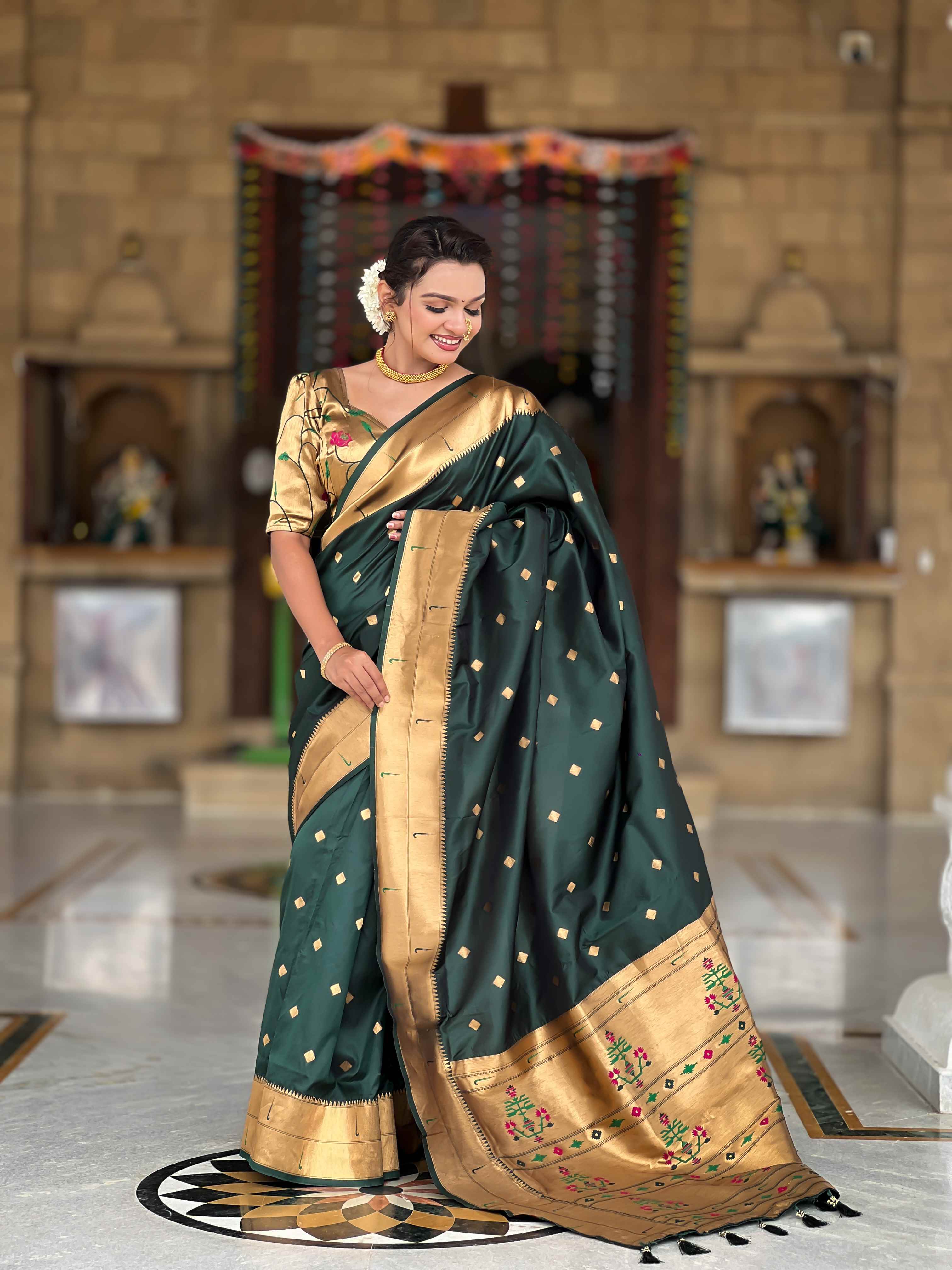 Dark Green Paithani Silk Saree with Zari Weaving, Meenakari Pallu & Double Munia Border