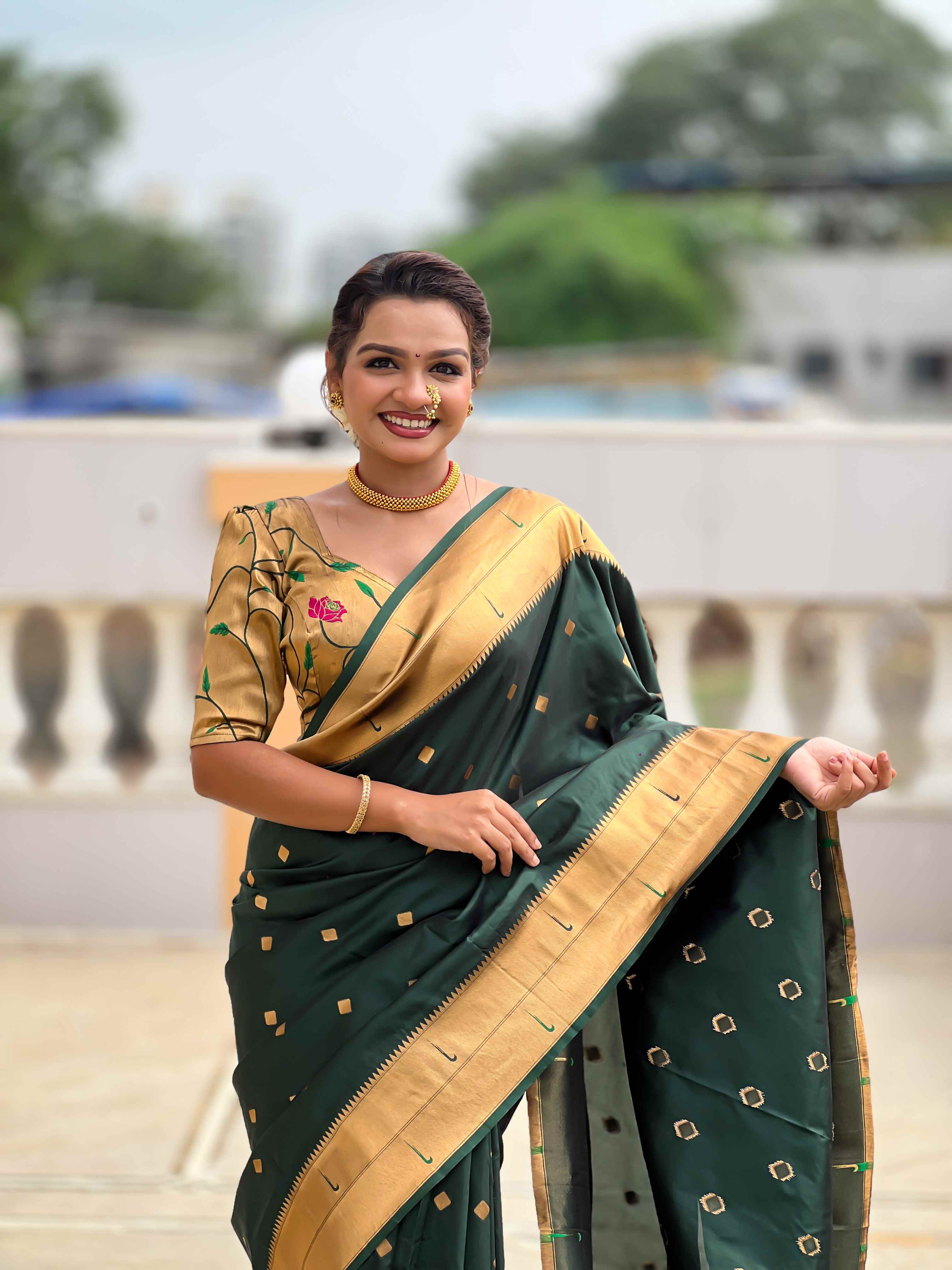 Dark Green Paithani Silk Saree with Zari Weaving, Meenakari Pallu & Double Munia Border