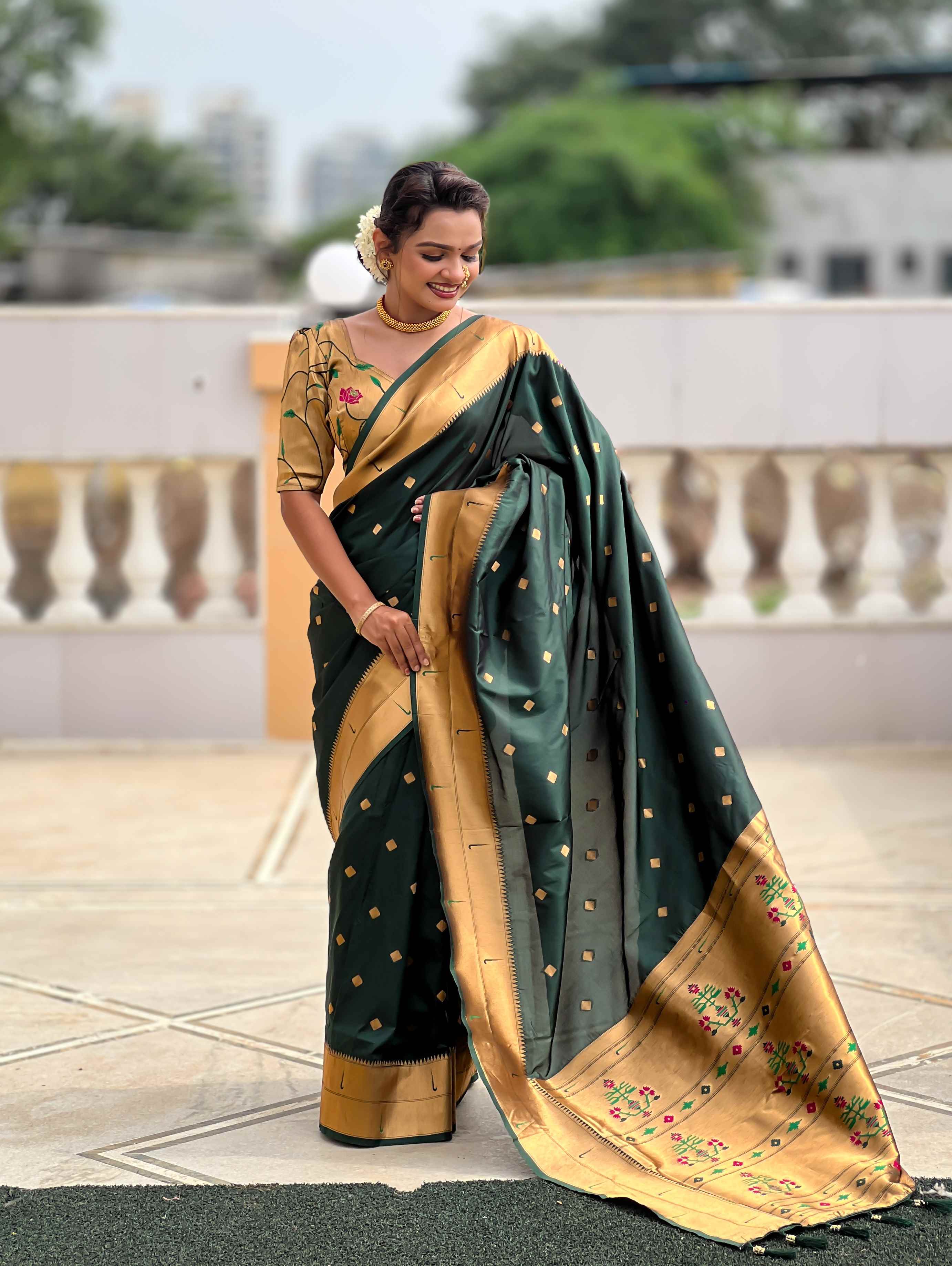 Dark Green Paithani Silk Saree with Zari Weaving, Meenakari Pallu & Double Munia Border