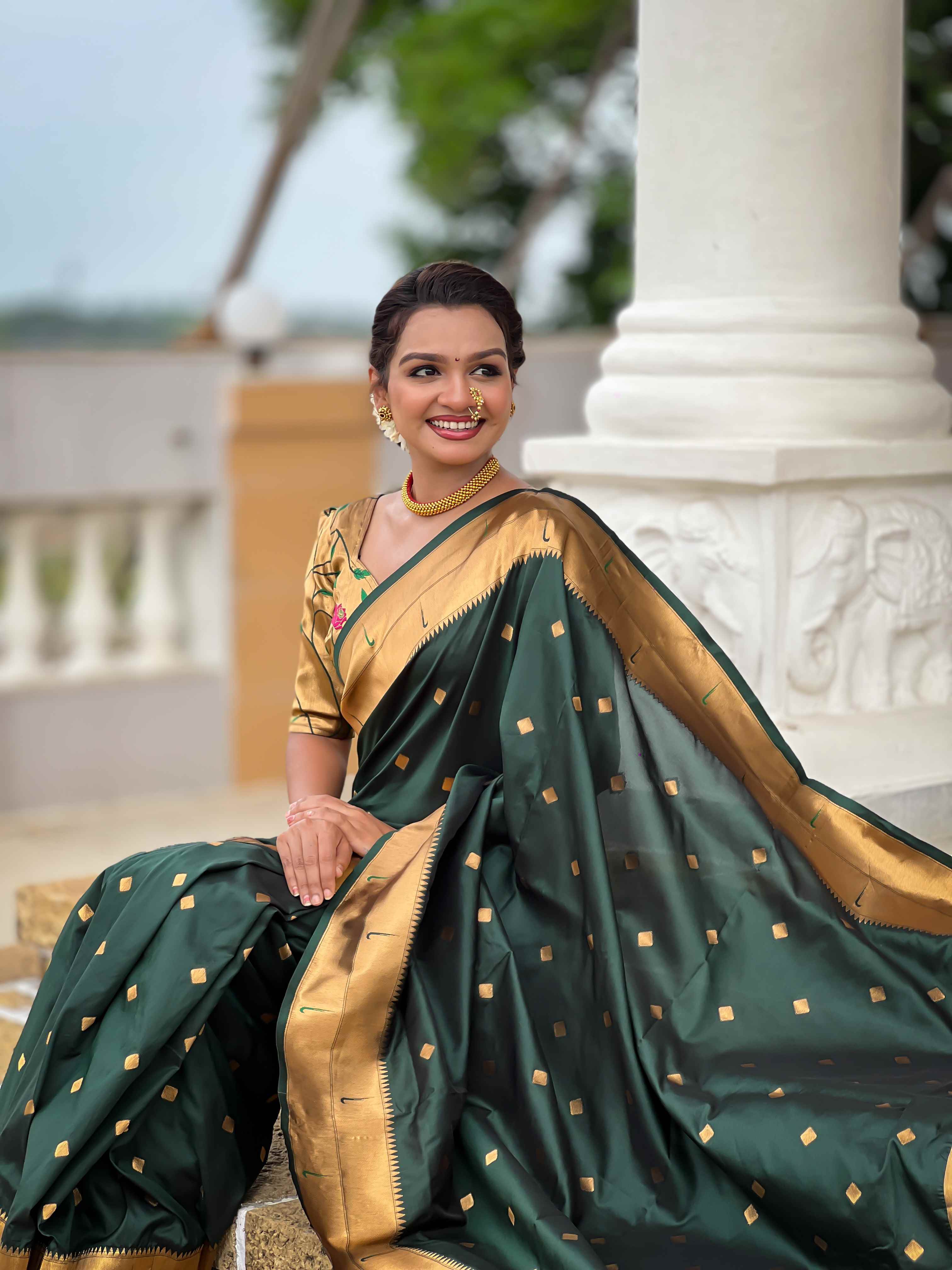 Dark Green Paithani Silk Saree with Zari Weaving, Meenakari Pallu & Double Munia Border