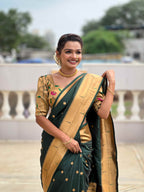 Dark Green Paithani Silk Saree with Zari Weaving, Meenakari Pallu & Double Munia Border