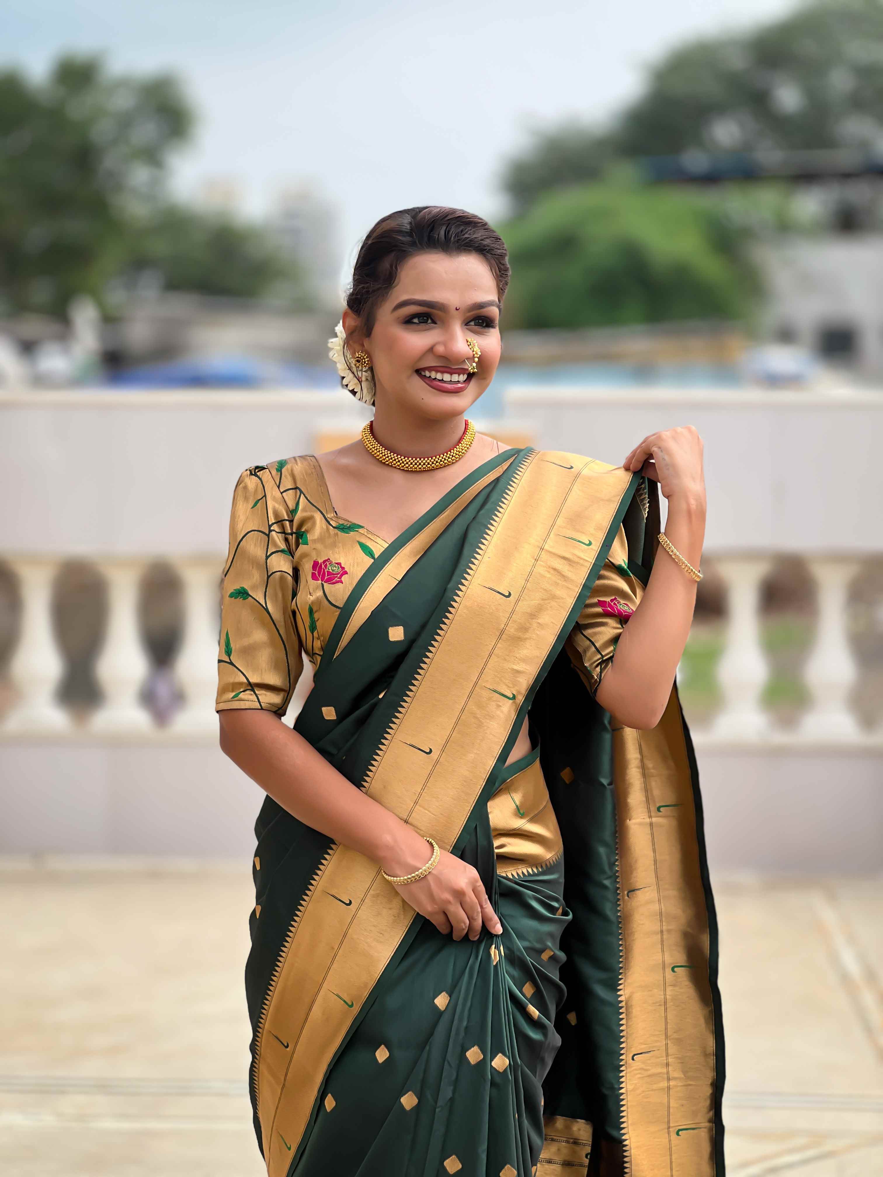 Dark Green Paithani Silk Saree with Zari Weaving, Meenakari Pallu & Double Munia Border