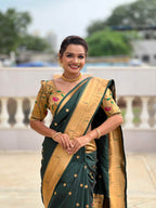 Dark Green Paithani Silk Saree with Zari Weaving, Meenakari Pallu & Double Munia Border