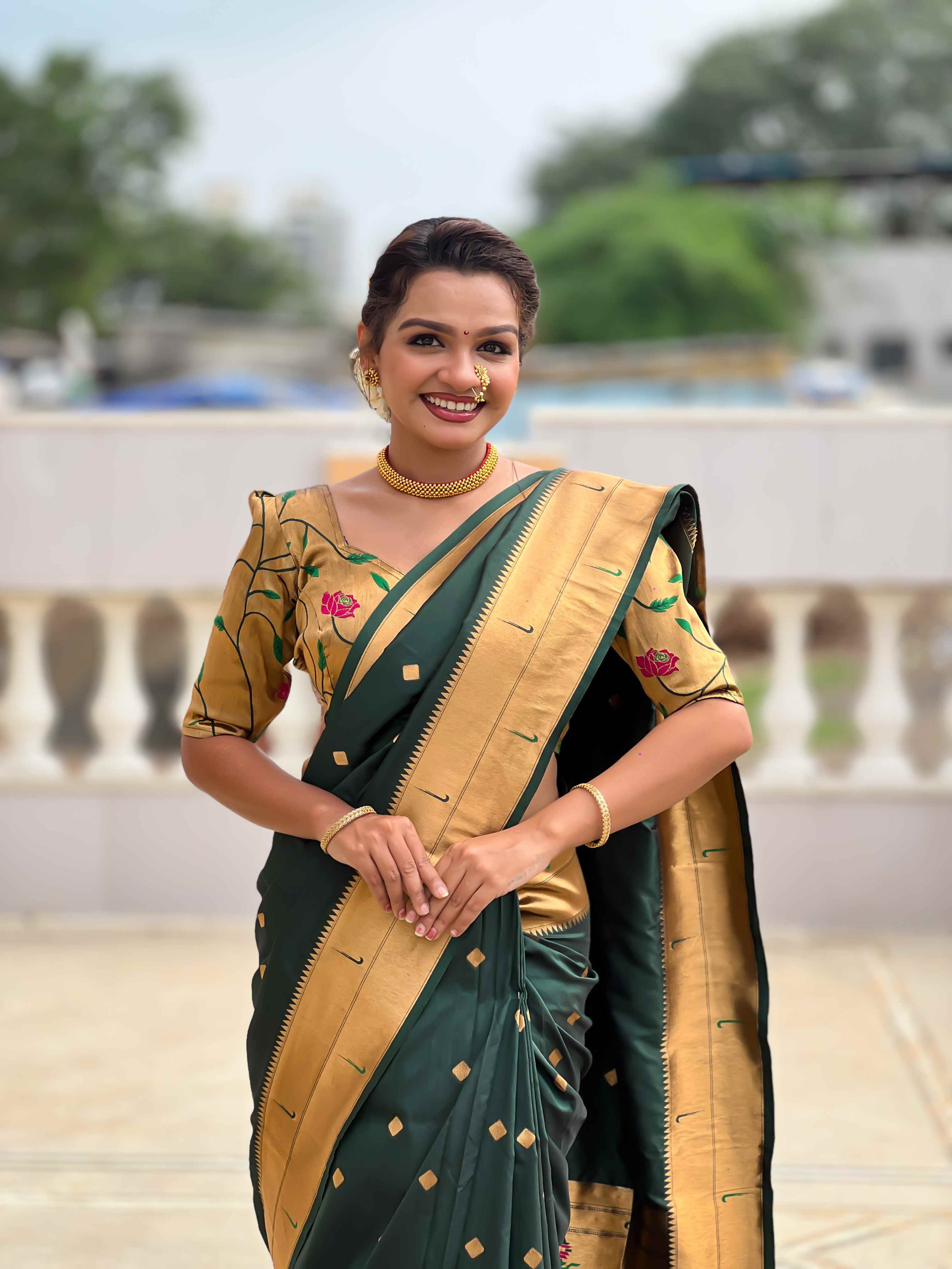 Dark Green Paithani Silk Saree with Zari Weaving, Meenakari Pallu & Double Munia Border