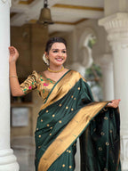 Dark Green Paithani Silk Saree with Zari Weaving, Meenakari Pallu & Double Munia Border