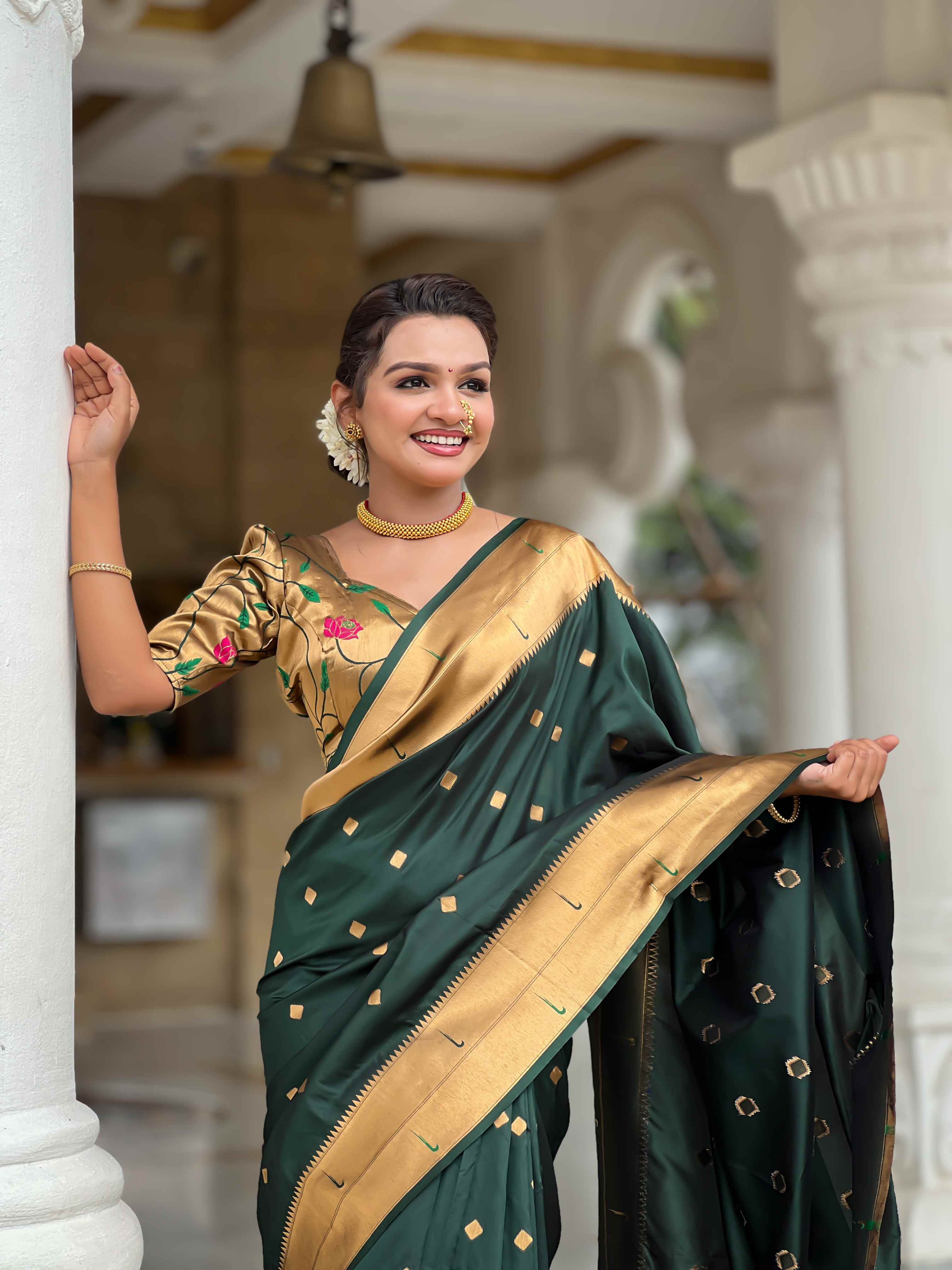 Dark Green Paithani Silk Saree with Zari Weaving, Meenakari Pallu & Double Munia Border