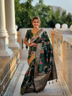 Bottle  green Varni Fabrics Women Floral Banarasi Silk Woven Saree comes With Matching Blouse