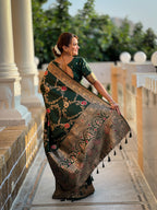 Bottle  green Varni Fabrics Women Floral Banarasi Silk Woven Saree comes With Matching Blouse