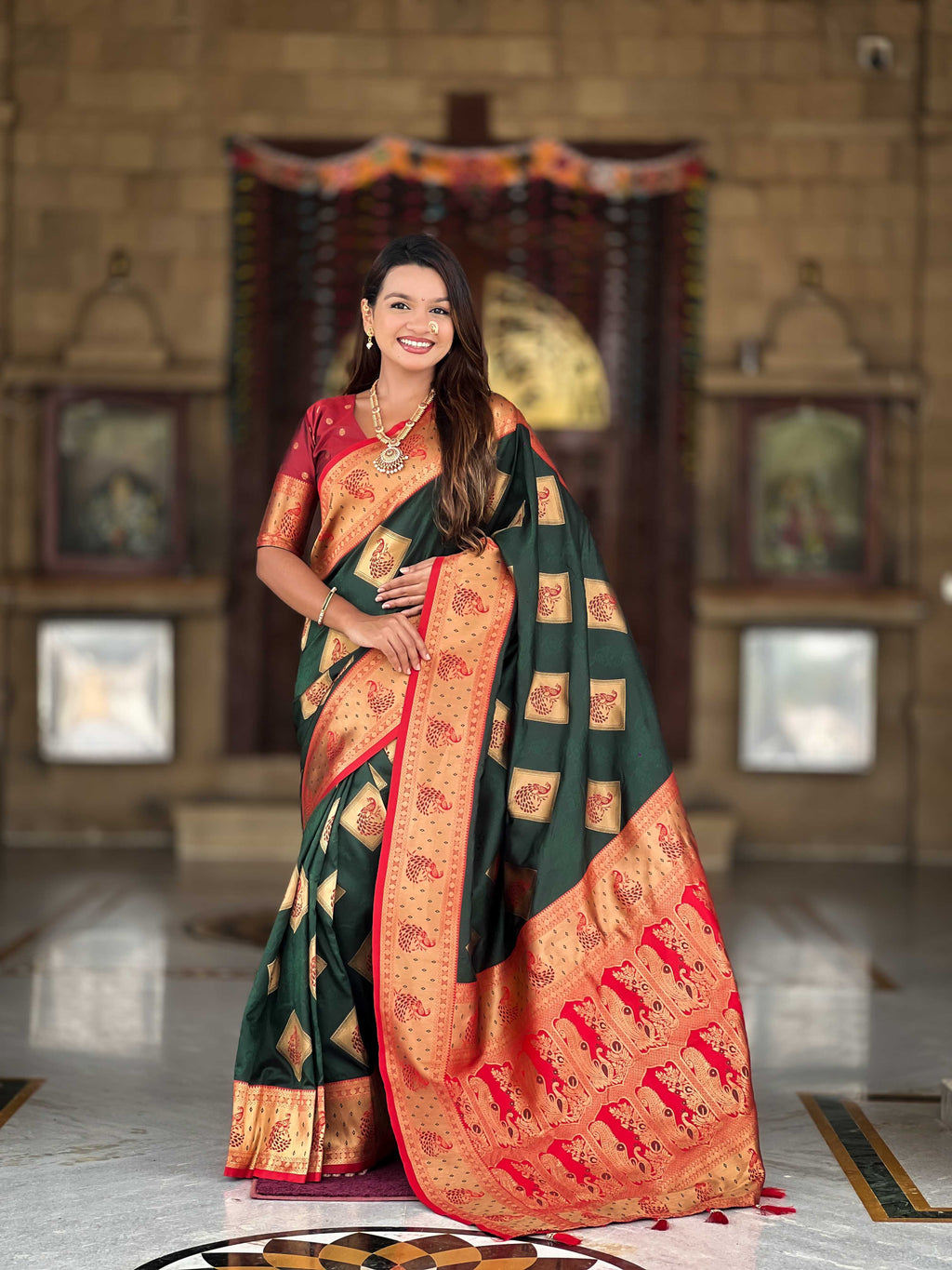 Bottle Green Soft Banarasi silk saree with zari weaving Meenakari design all over the saree & contrast weawing Rich pallu with contrast weawing border & tessels attached at Pallu End. Blouse :- Soft silk weawing blouse piece