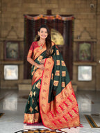 Bottle Green Soft Banarasi silk saree with zari weaving Meenakari design all over the saree & contrast weawing Rich pallu with contrast weawing border & tessels attached at Pallu End. Blouse :- Soft silk weawing blouse piece