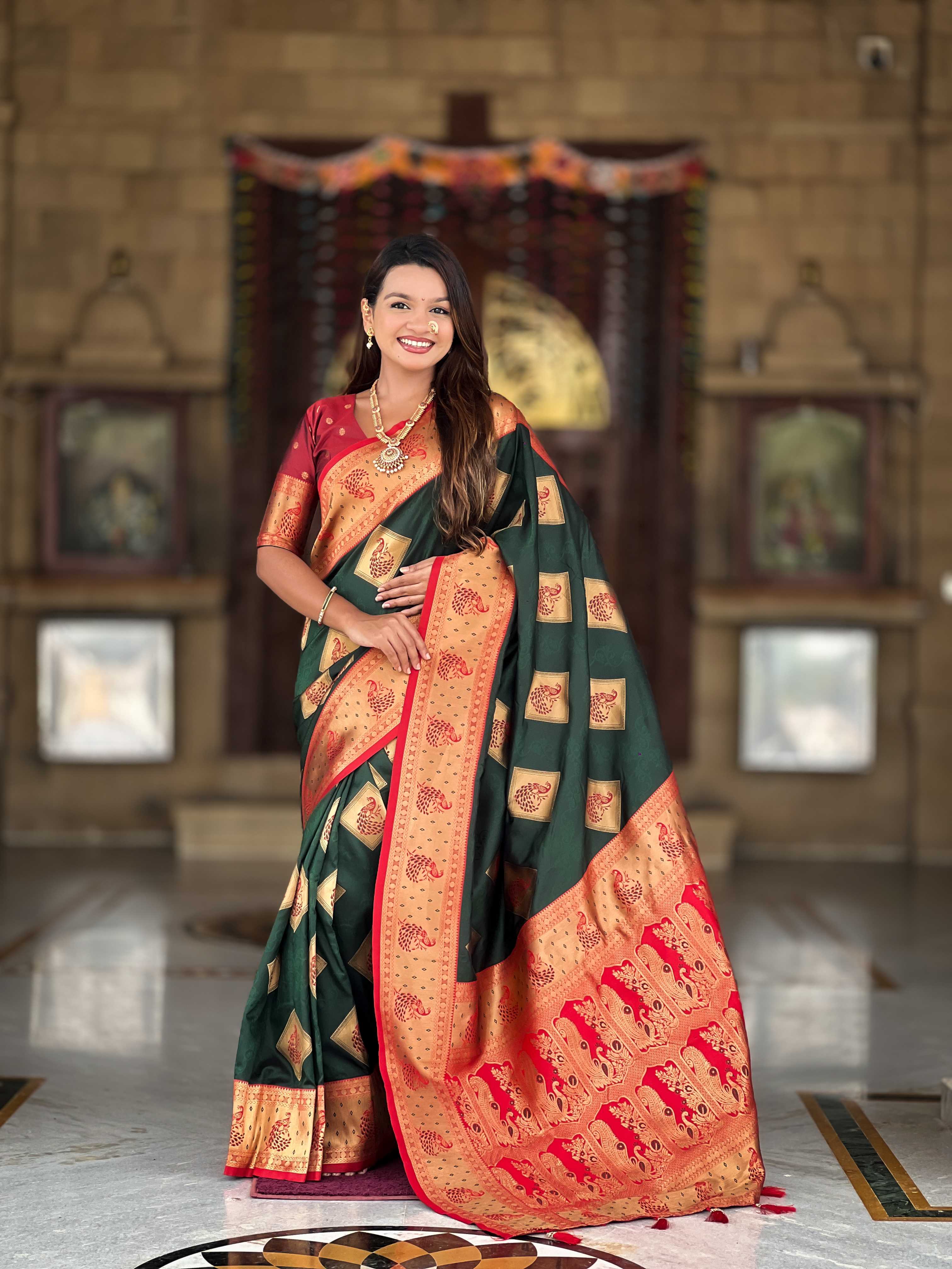 Bottle Green Soft Banarasi silk saree with zari weaving Meenakari design all over the saree & contrast weawing Rich pallu with contrast weawing border & tessels attached at Pallu End. Blouse :- Soft silk weawing blouse piece