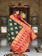 Bottle Green Soft Banarasi silk saree with zari weaving Meenakari design all over the saree & contrast weawing Rich pallu with contrast weawing border & tessels attached at Pallu End. Blouse :- Soft silk weawing blouse piece