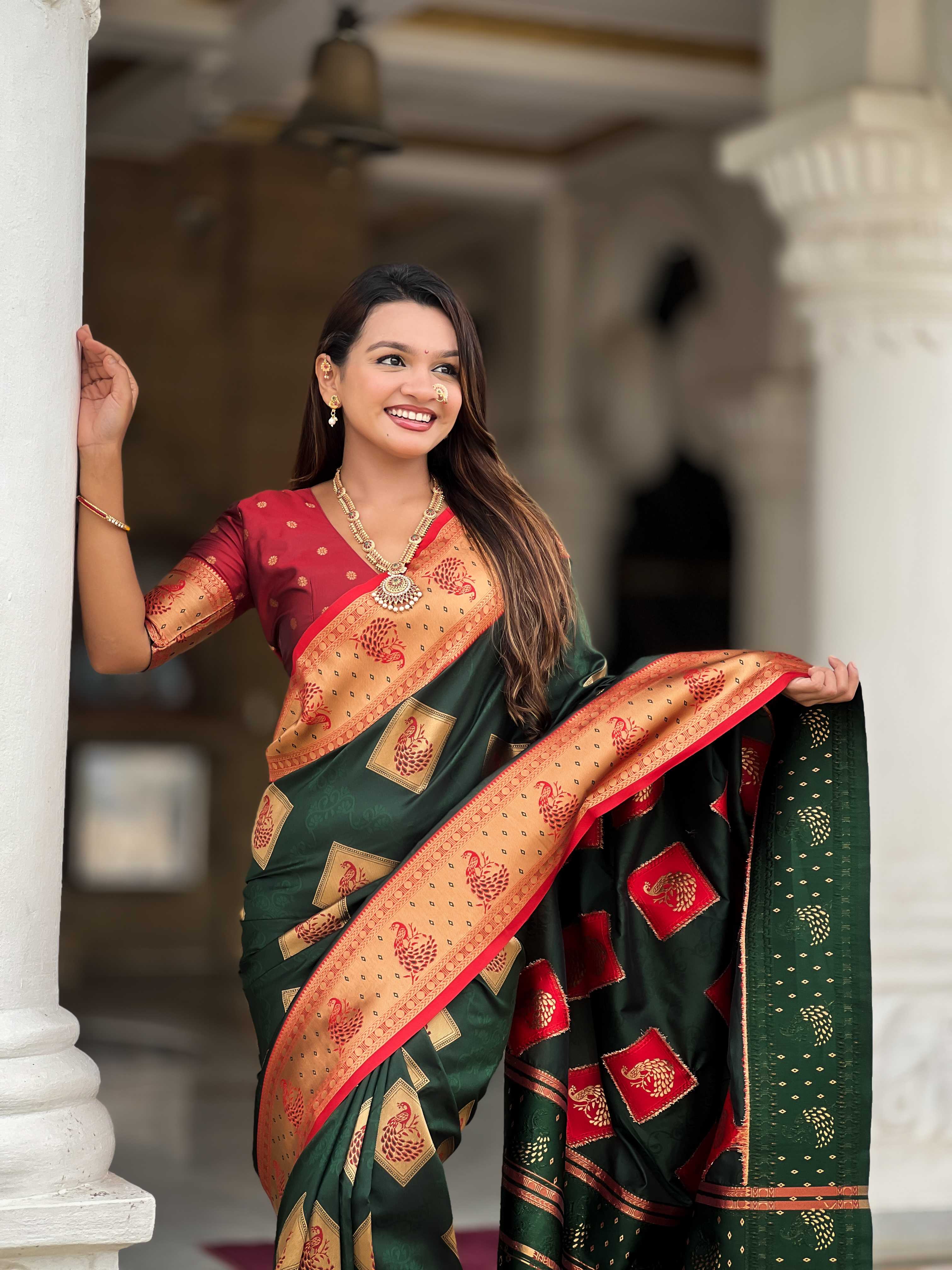 Bottle Green Soft Banarasi silk saree with zari weaving Meenakari design all over the saree & contrast weawing Rich pallu with contrast weawing border & tessels attached at Pallu End. Blouse :- Soft silk weawing blouse piece