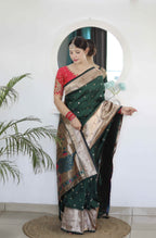 Dark Green Soft Paithani Silk Saree with Zari Motifs, Meenakari Rich Pallu & Contrast Blouse