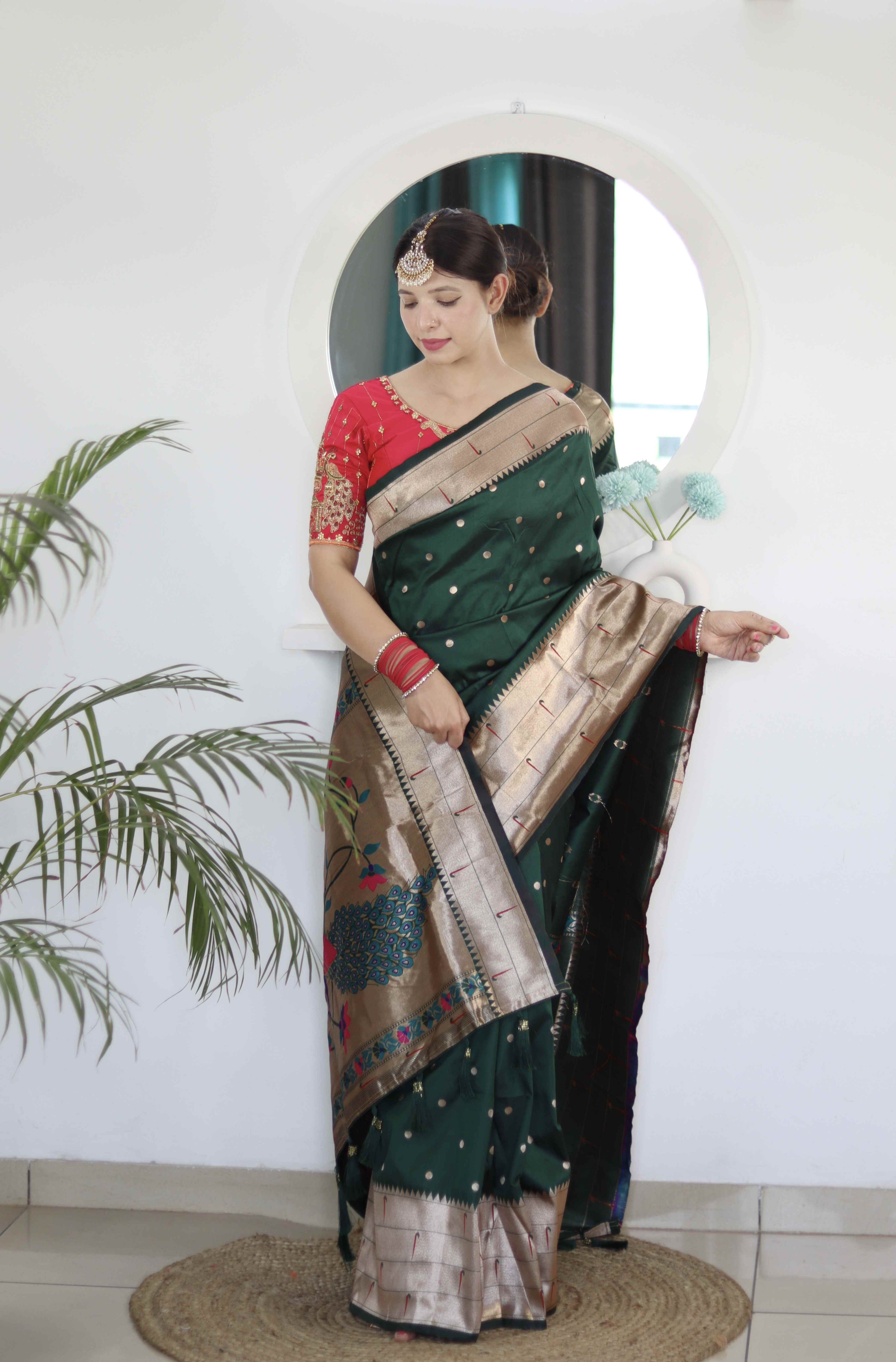 Dark Green Soft Paithani Silk Saree with Zari Motifs, Meenakari Rich Pallu & Contrast Blouse