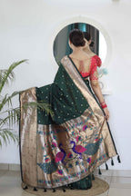 Dark Green Soft Paithani Silk Saree with Zari Motifs, Meenakari Rich Pallu & Contrast Blouse