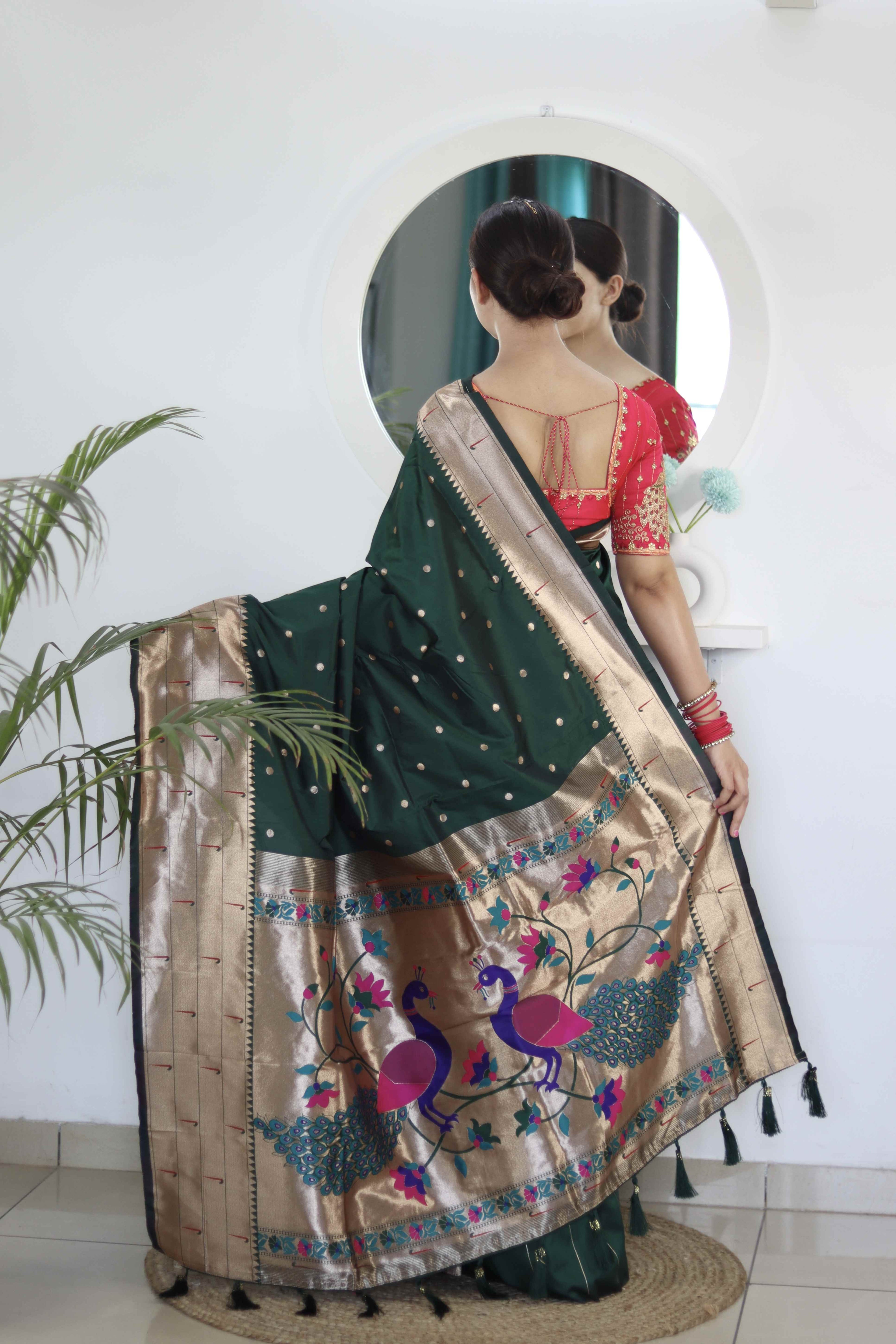 Dark Green Soft Paithani Silk Saree with Zari Motifs, Meenakari Rich Pallu & Contrast Blouse