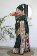 Dark Green Soft Paithani Silk Saree with Zari Motifs, Meenakari Rich Pallu & Contrast Blouse
