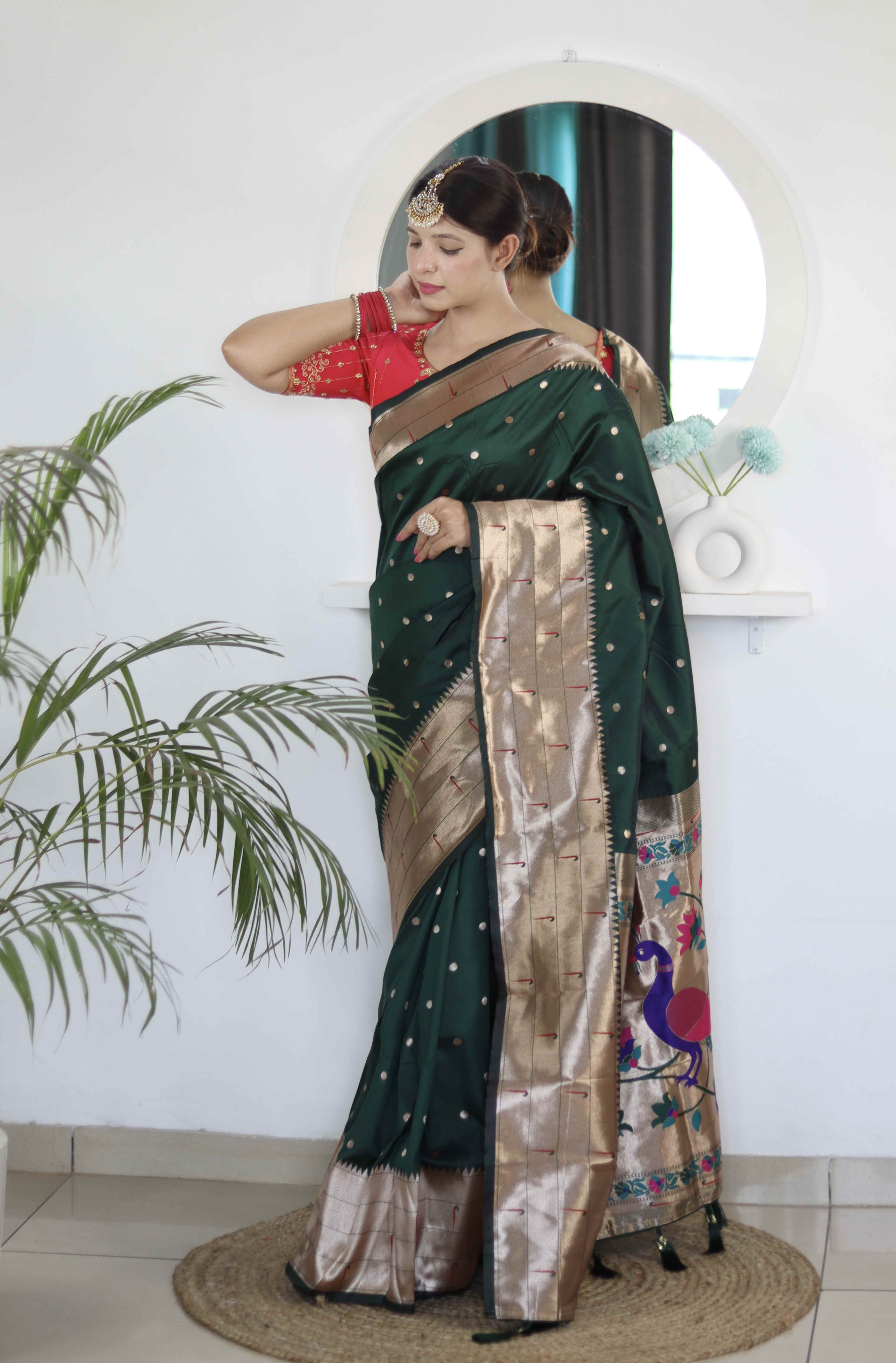 Dark Green Soft Paithani Silk Saree with Zari Motifs, Meenakari Rich Pallu & Contrast Blouse