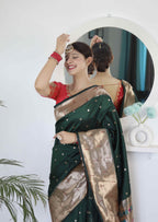 Dark Green Soft Paithani Silk Saree with Zari Motifs, Meenakari Rich Pallu & Contrast Blouse