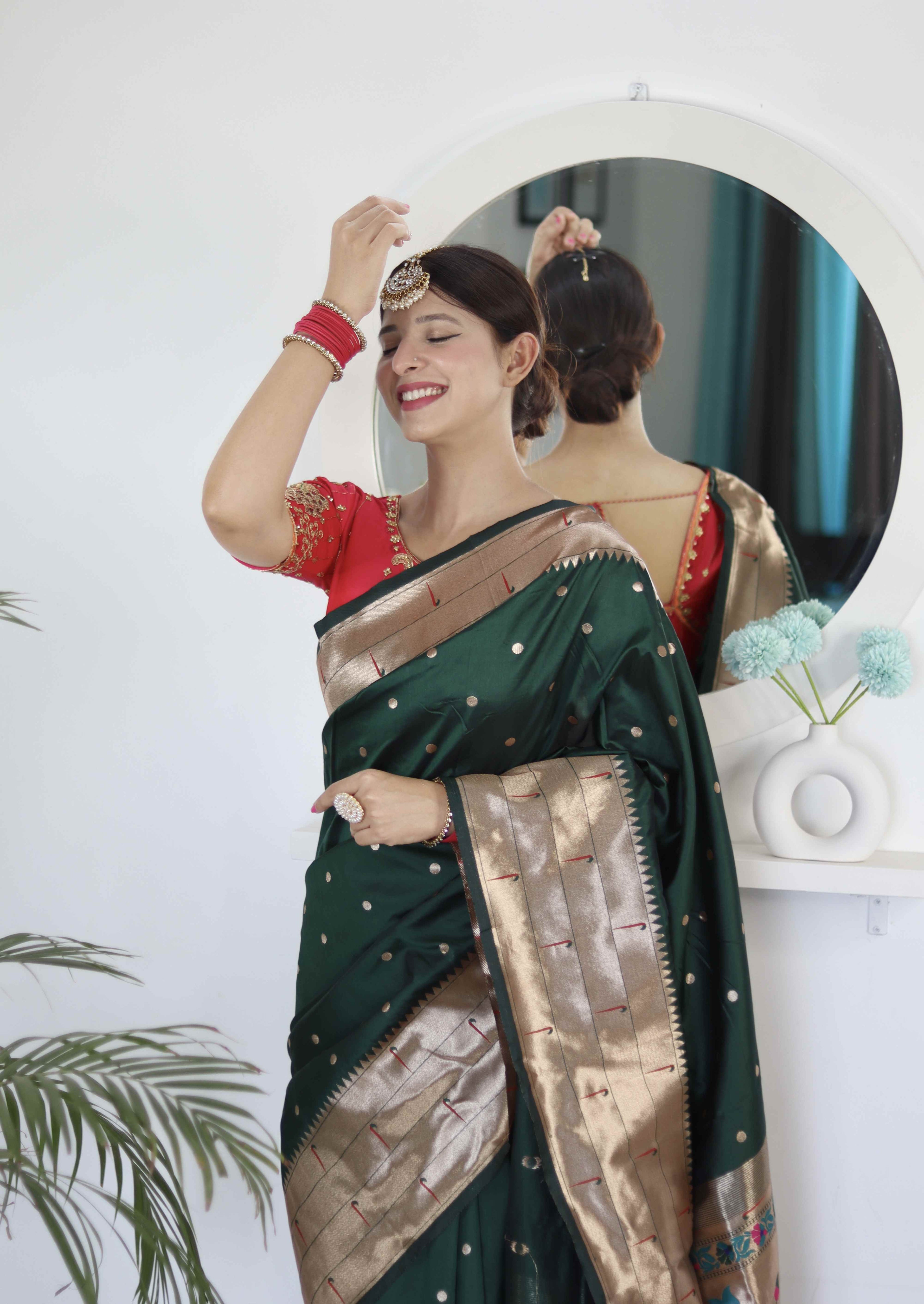Dark Green Soft Paithani Silk Saree with Zari Motifs, Meenakari Rich Pallu & Contrast Blouse