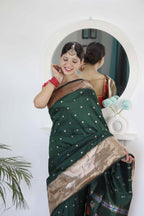 Dark Green Soft Paithani Silk Saree with Zari Motifs, Meenakari Rich Pallu & Contrast Blouse
