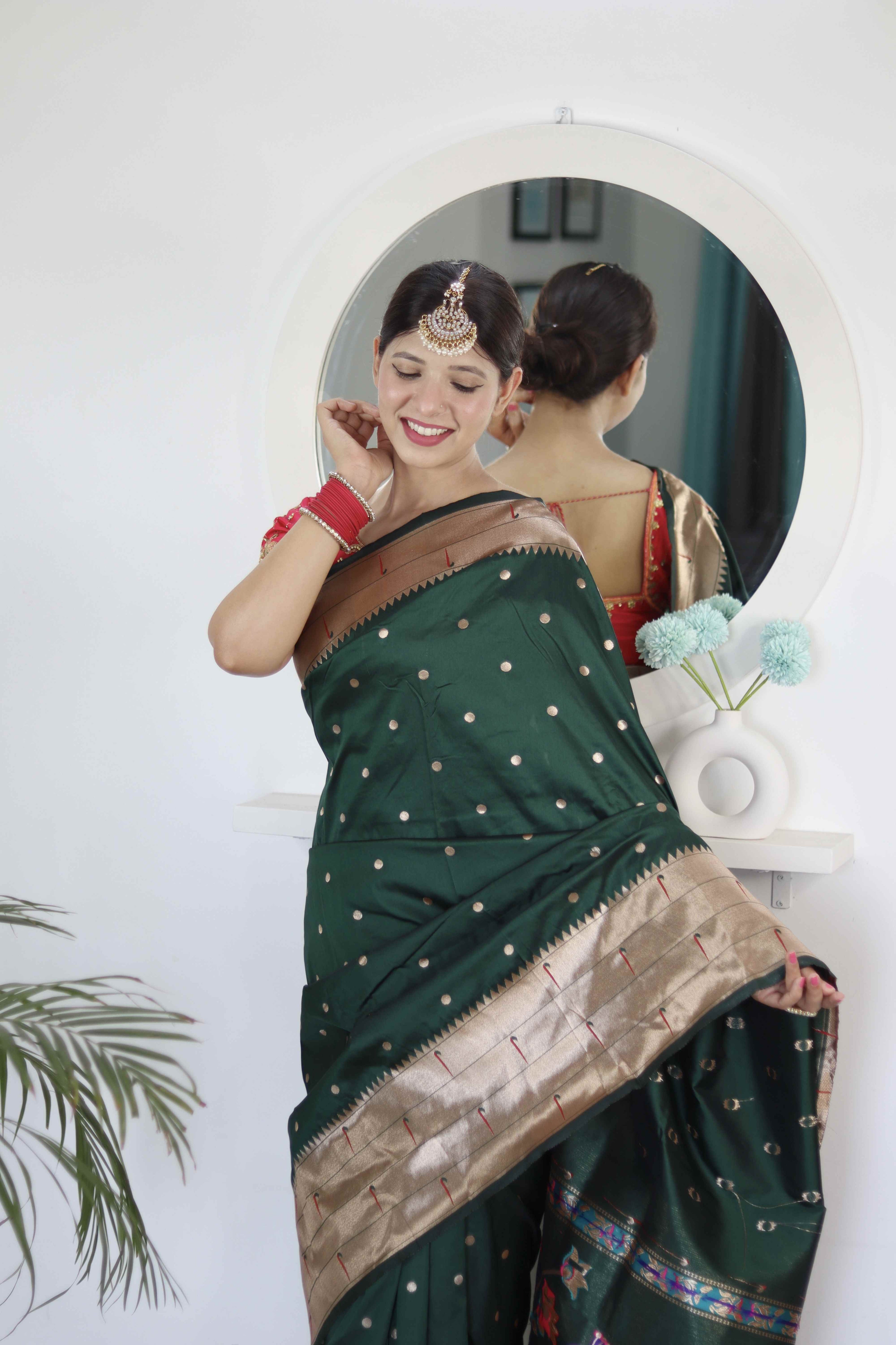 Dark Green Soft Paithani Silk Saree with Zari Motifs, Meenakari Rich Pallu & Contrast Blouse