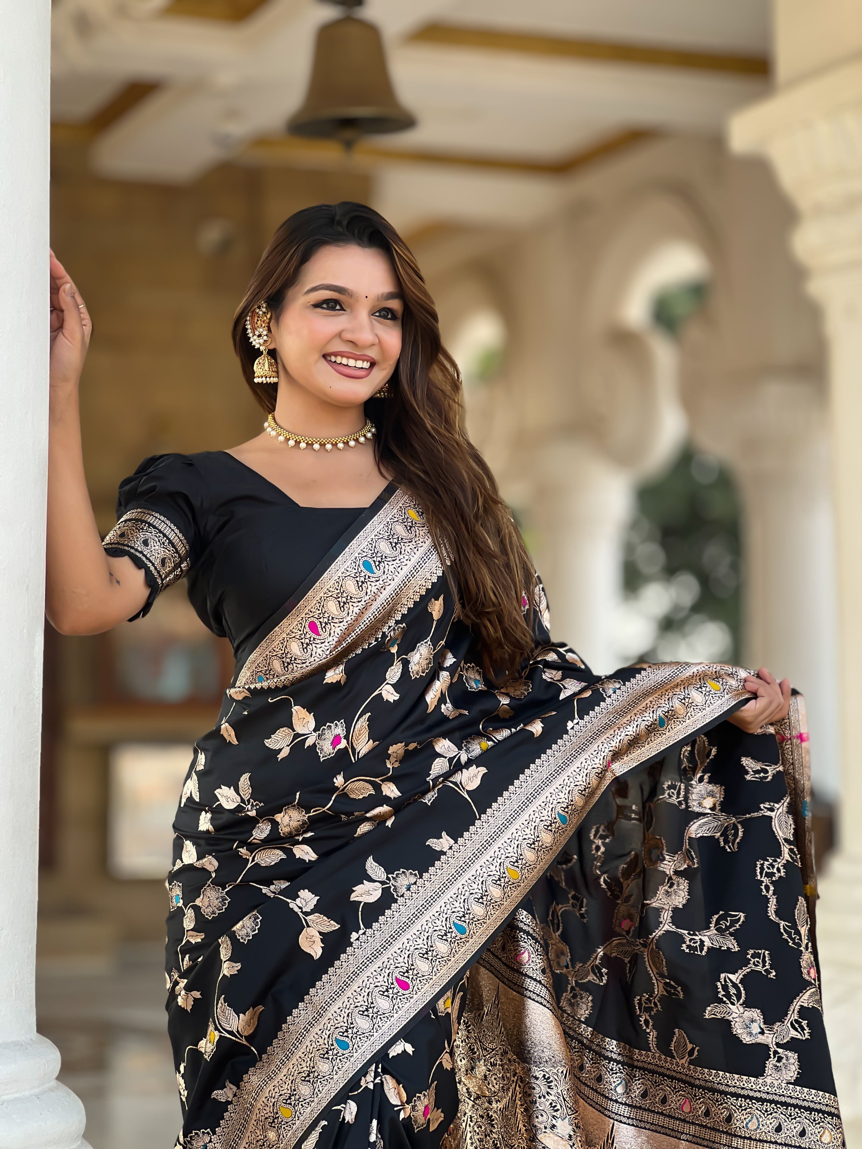 Black Varni Fabrics Women's Traditional Banarasi Silk Saree with Woven Design & Blouse