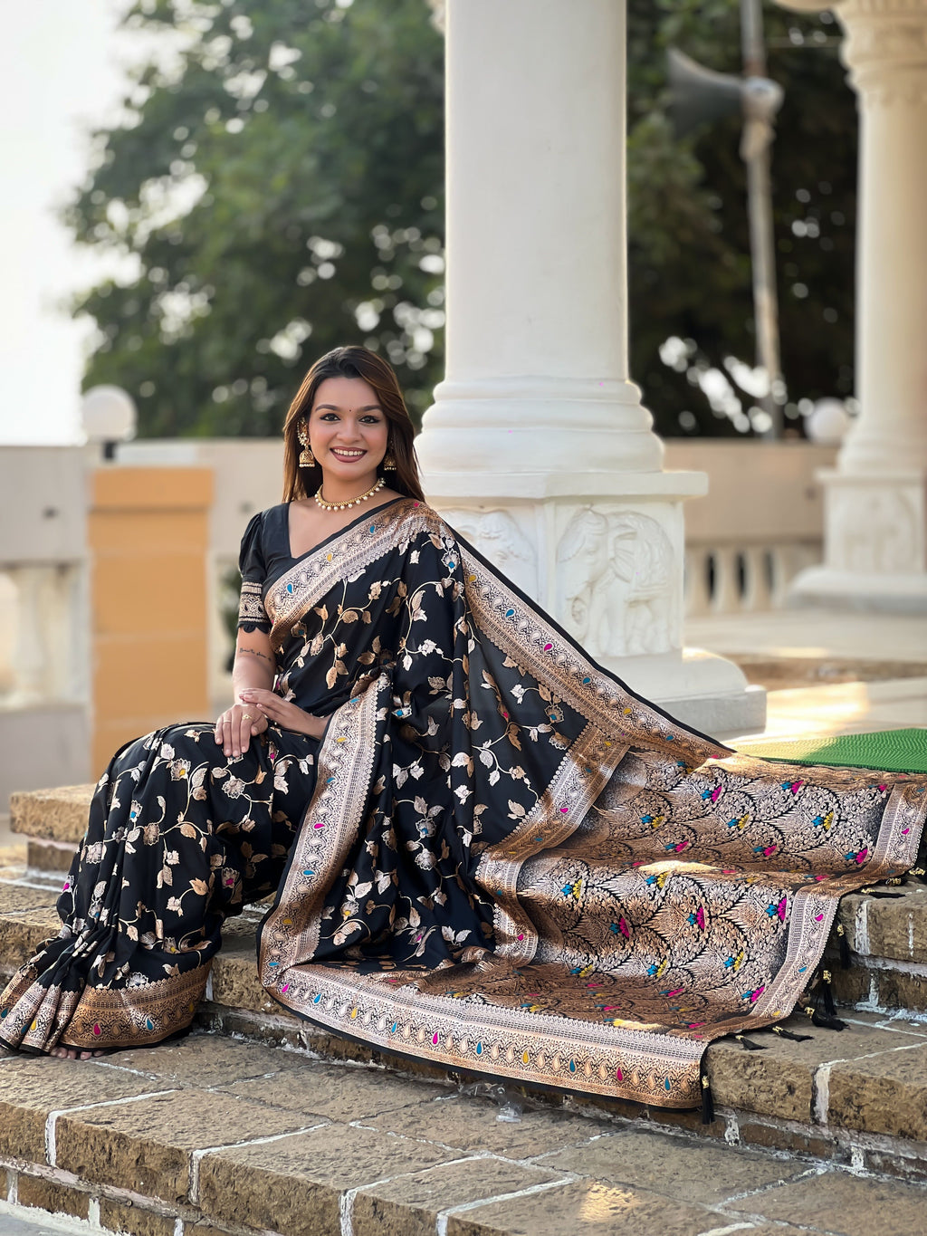Black Varni Fabrics Women's Traditional Banarasi Silk Saree with Woven Design & Blouse