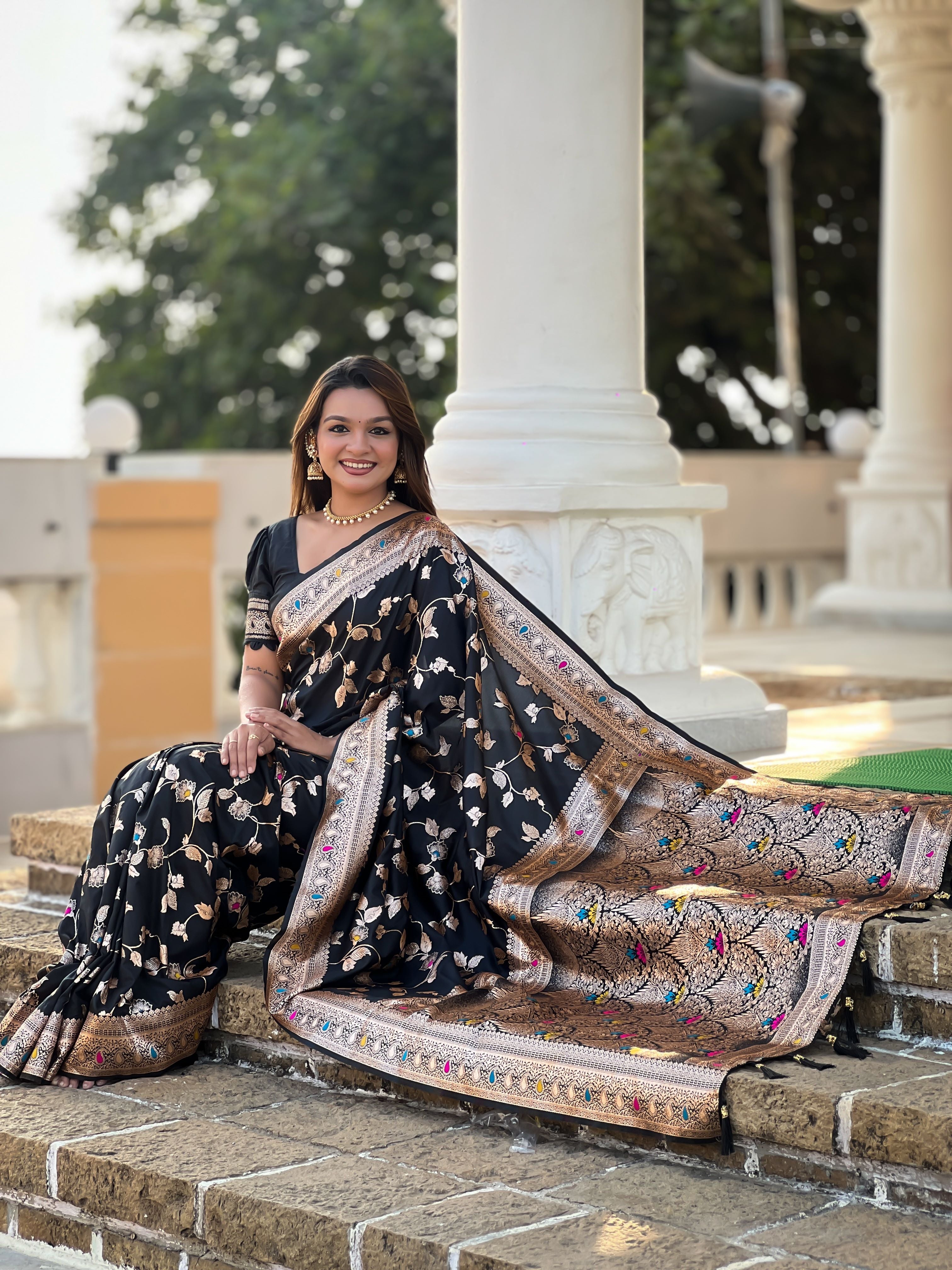 Black Varni Fabrics Women's Traditional Banarasi Silk Saree with Woven Design & Blouse
