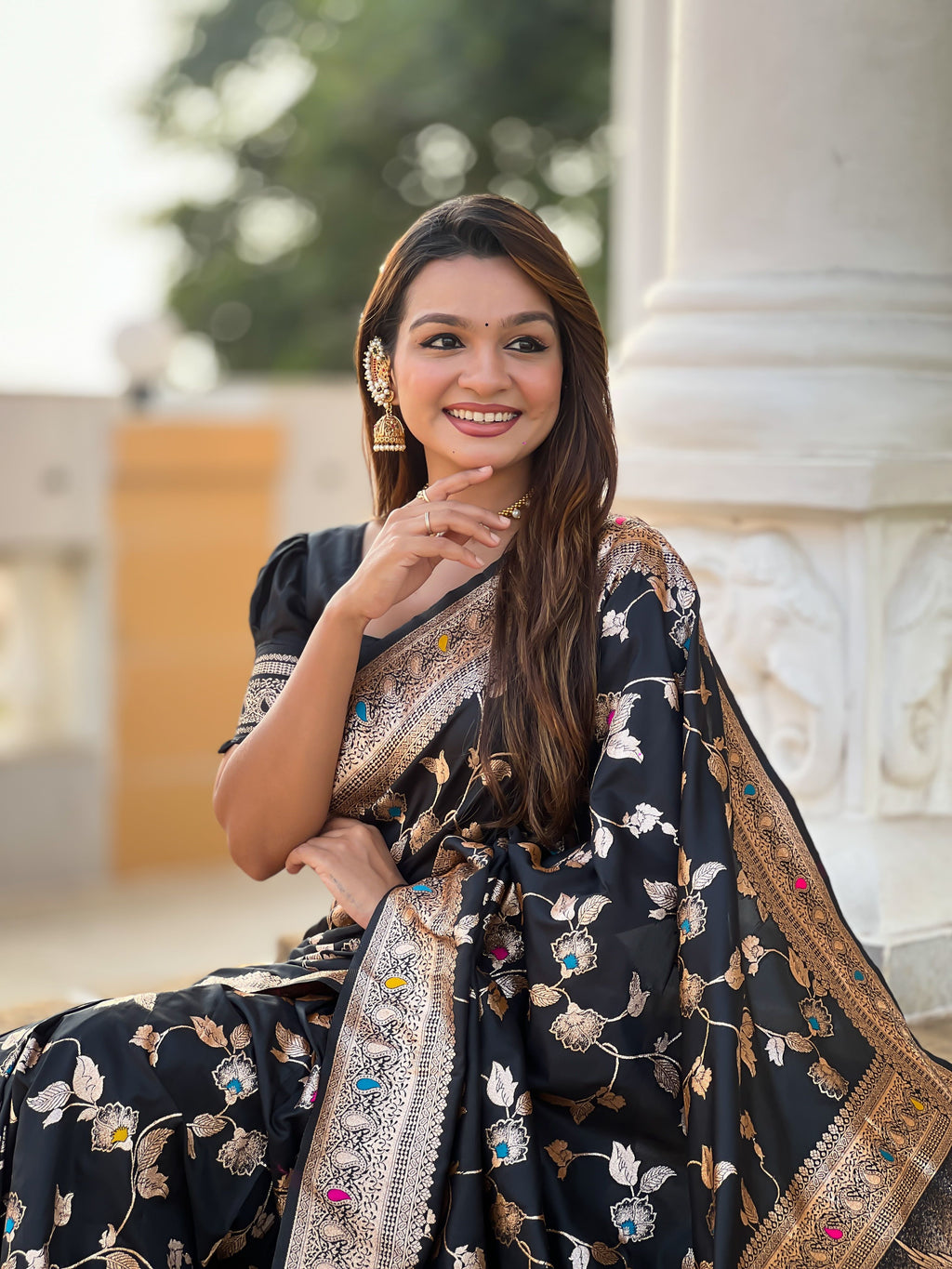 Black Varni Fabrics Women's Traditional Banarasi Silk Saree with Woven Design & Blouse