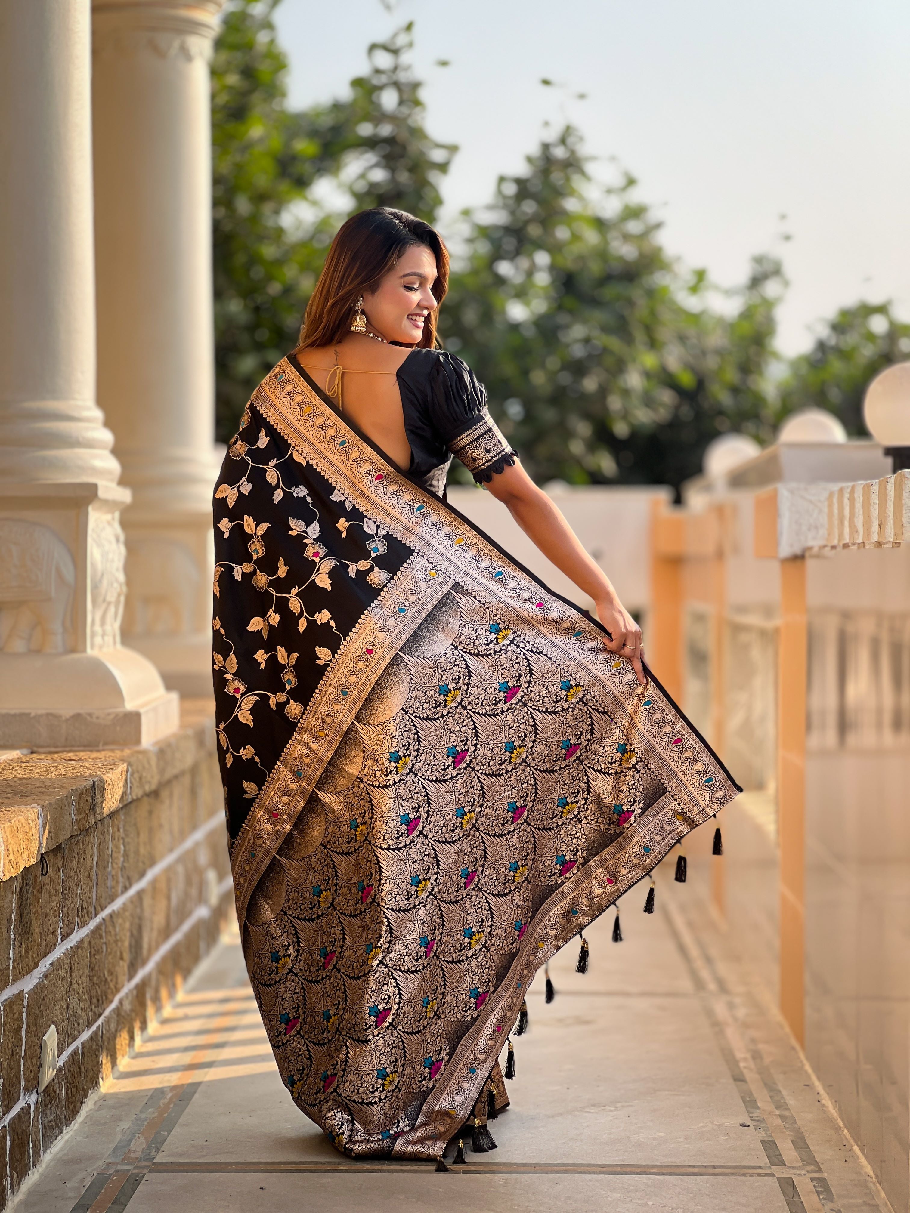 Black Varni Fabrics Women's Traditional Banarasi Silk Saree with Woven Design & Blouse