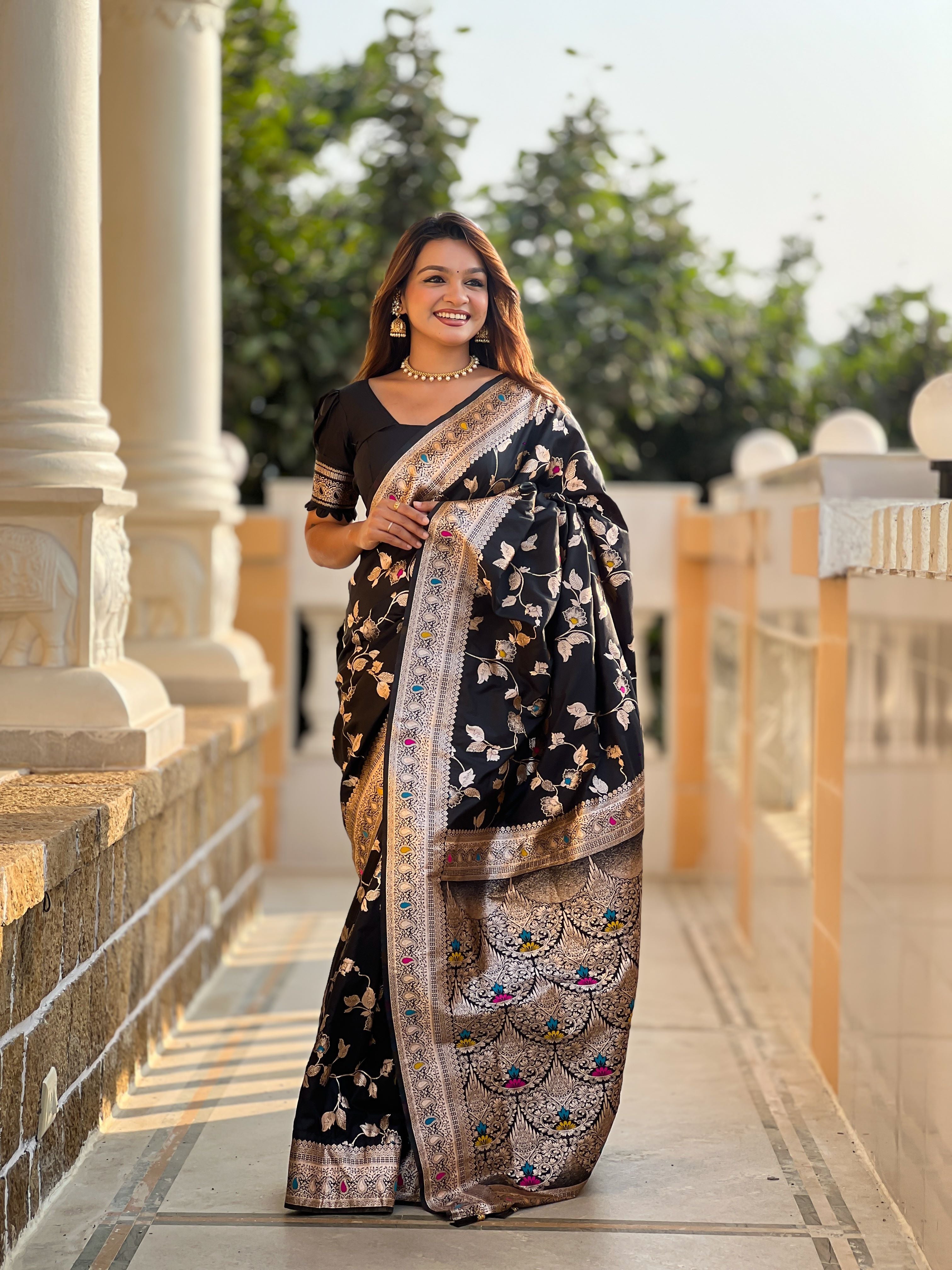 Black Varni Fabrics Women's Traditional Banarasi Silk Saree with Woven Design & Blouse