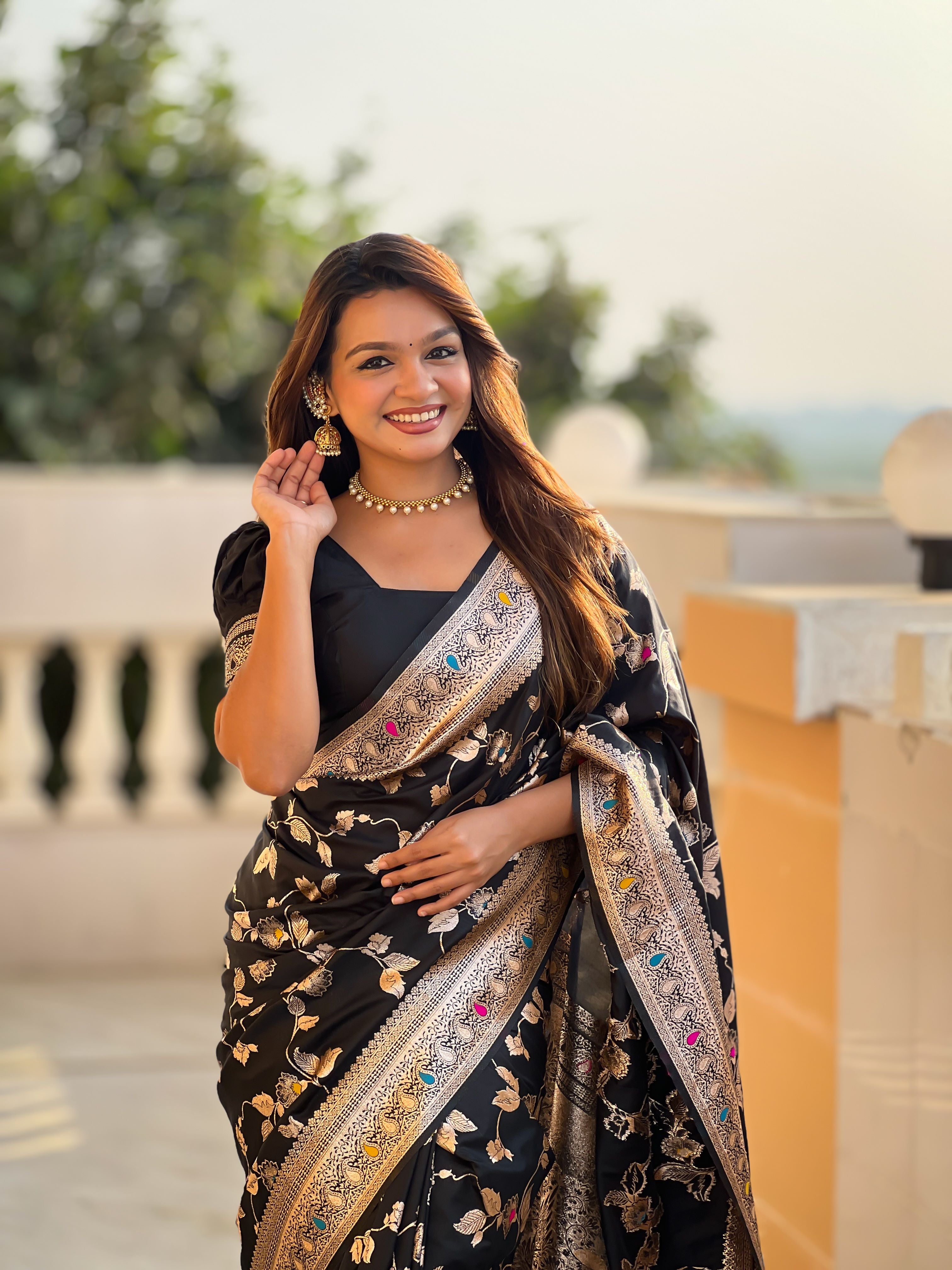 Black Varni Fabrics Women's Traditional Banarasi Silk Saree with Woven Design & Blouse