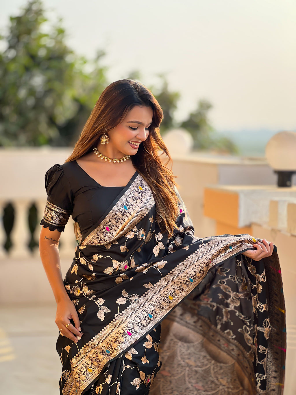 Black Varni Fabrics Women's Traditional Banarasi Silk Saree with Woven Design & Blouse