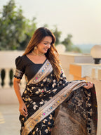 Black Varni Fabrics Women's Traditional Banarasi Silk Saree with Woven Design & Blouse
