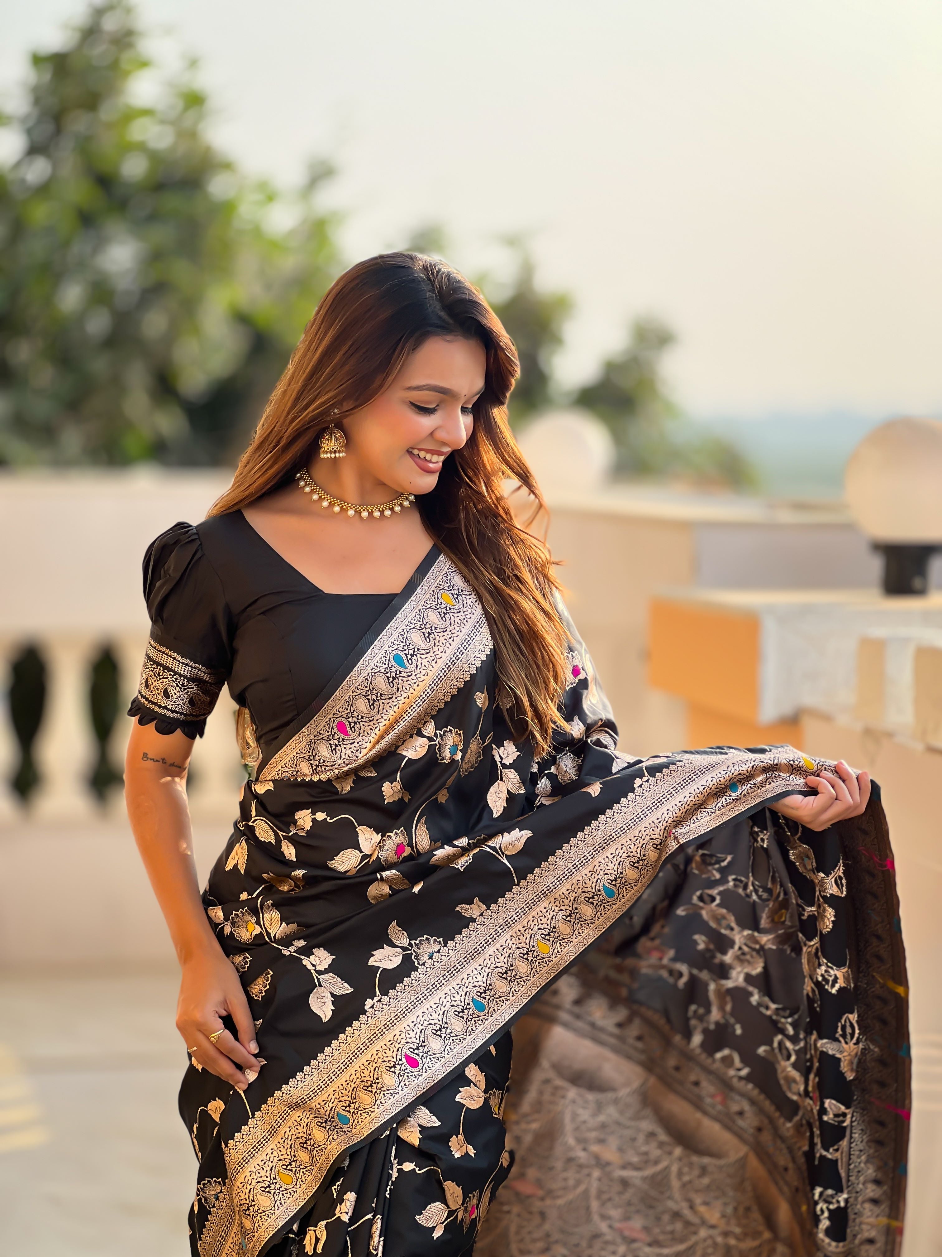 Black Varni Fabrics Women's Traditional Banarasi Silk Saree with Woven Design & Blouse