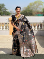 Black Varni Fabrics Women Floral Banarasi Silk Woven Saree comes With Matching Blouse