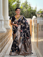 Black Varni Fabrics Women Floral Banarasi Silk Woven Saree comes With Matching Blouse