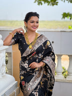 Black Varni Fabrics Women Floral Banarasi Silk Woven Saree comes With Matching Blouse