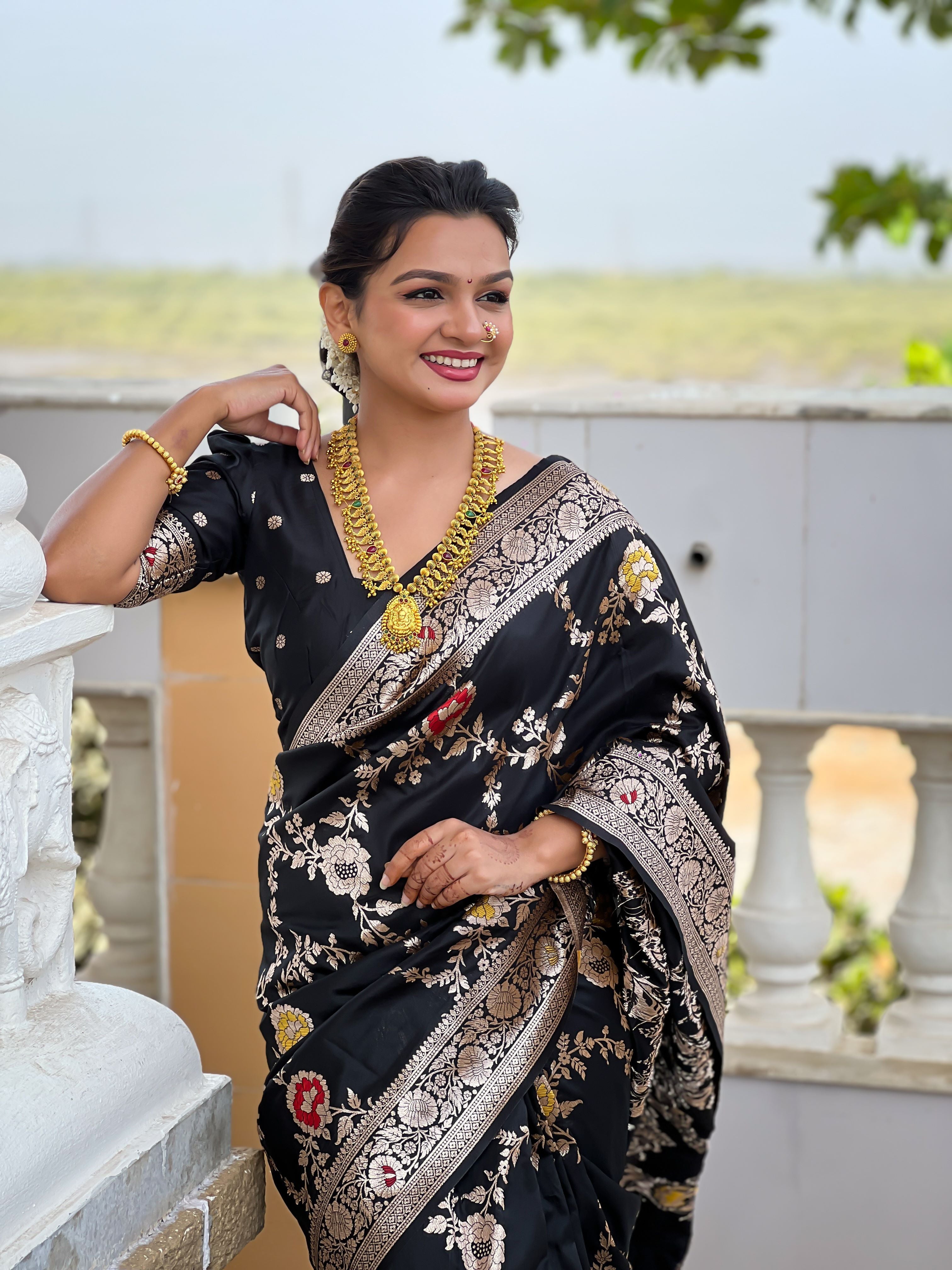 Black Varni Fabrics Women Floral Banarasi Silk Woven Saree comes With Matching Blouse