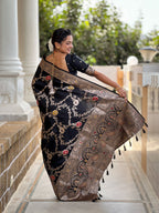 Black Varni Fabrics Women Floral Banarasi Silk Woven Saree comes With Matching Blouse