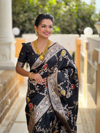 Black Varni Fabrics Women Floral Banarasi Silk Woven Saree comes With Matching Blouse