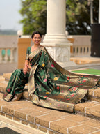 Bottle Green Designer Banarasi Silk Saree for Women – Aqua Green Woven Floral Saree with Blouse