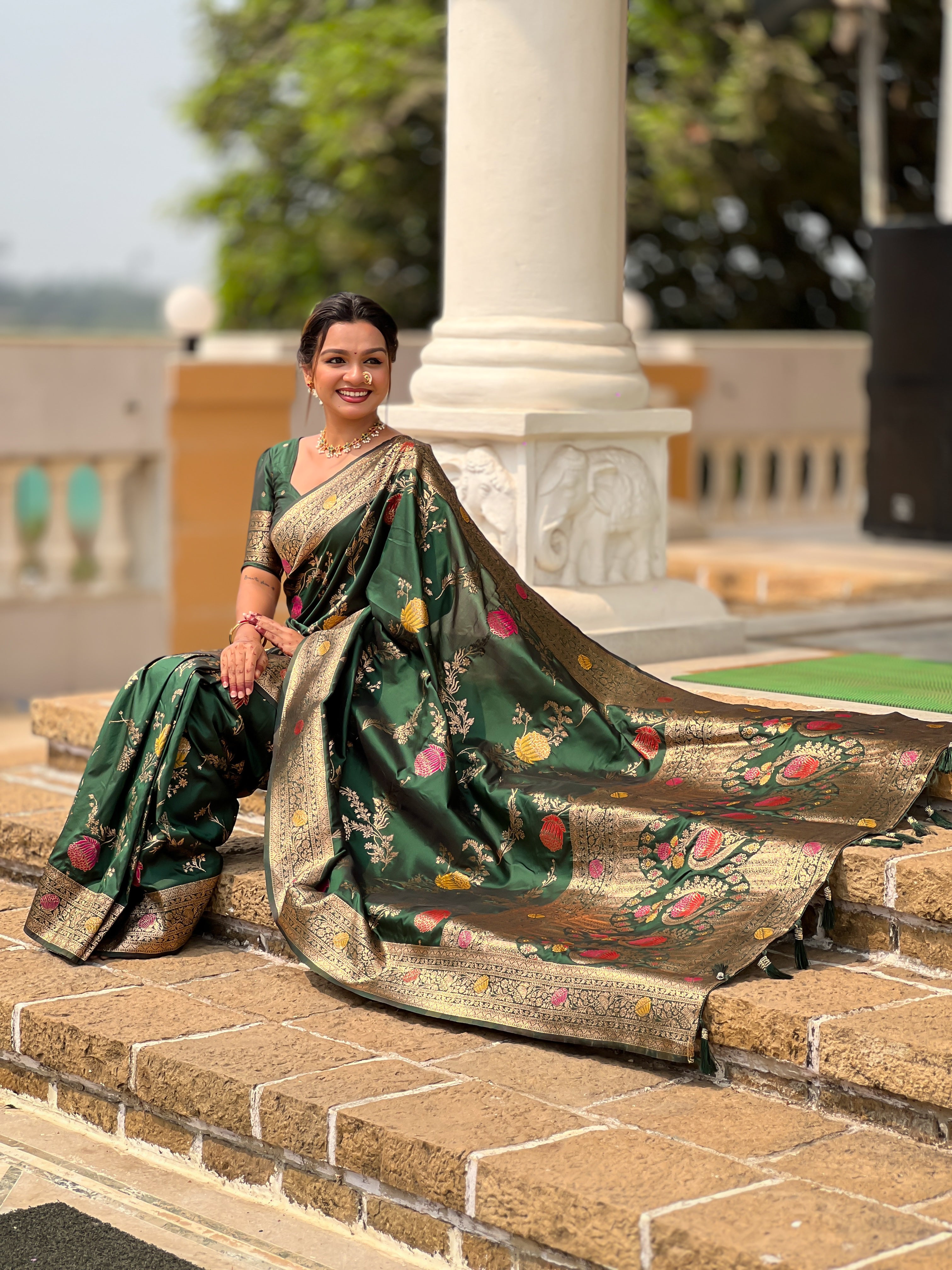 Bottle Green Designer Banarasi Silk Saree for Women – Aqua Green Woven Floral Saree with Blouse