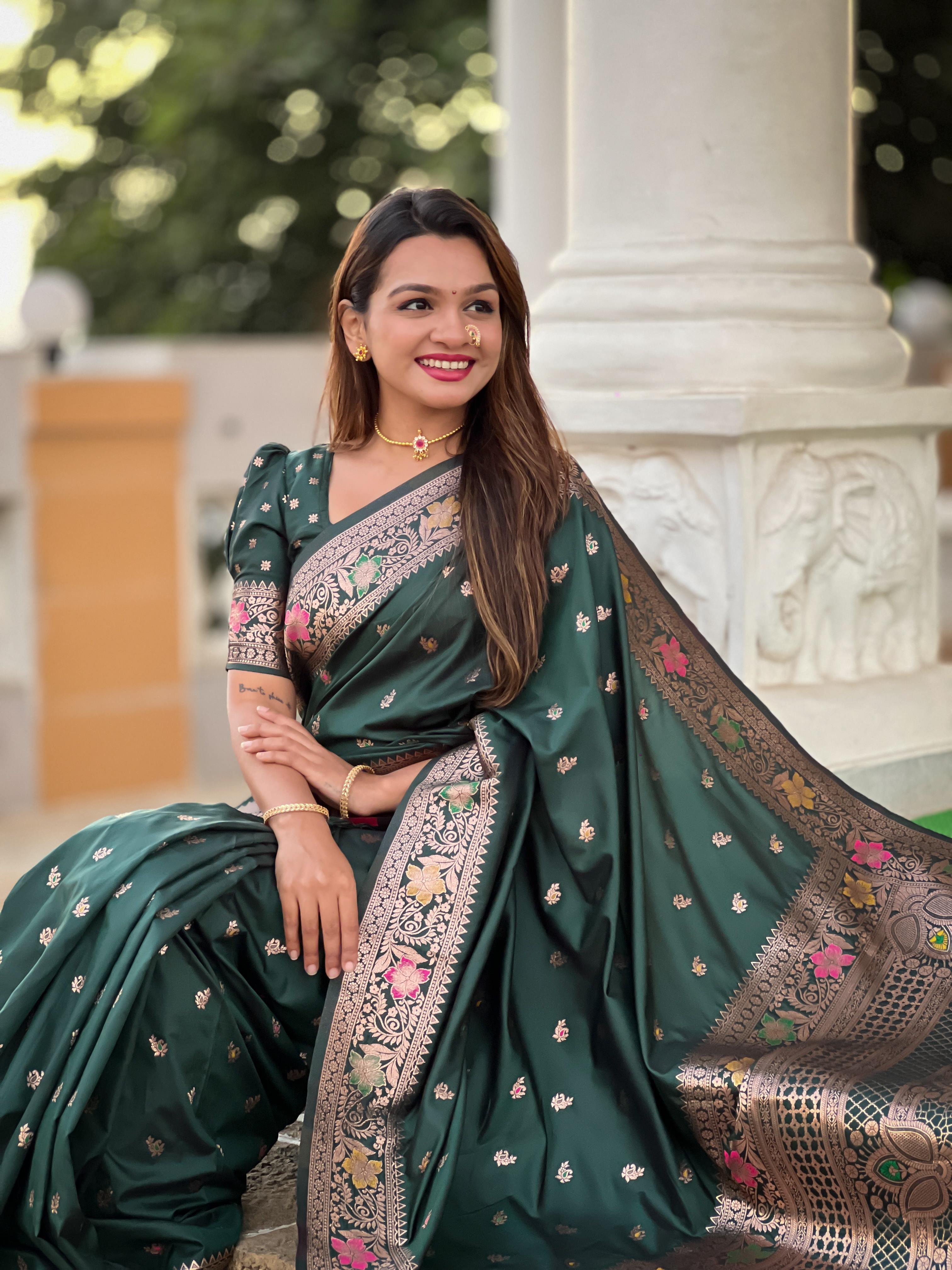 Bottle Green Varni Fabrics Women Paisley Banarasi Silk Embellished Saree comes With Matching Blouse