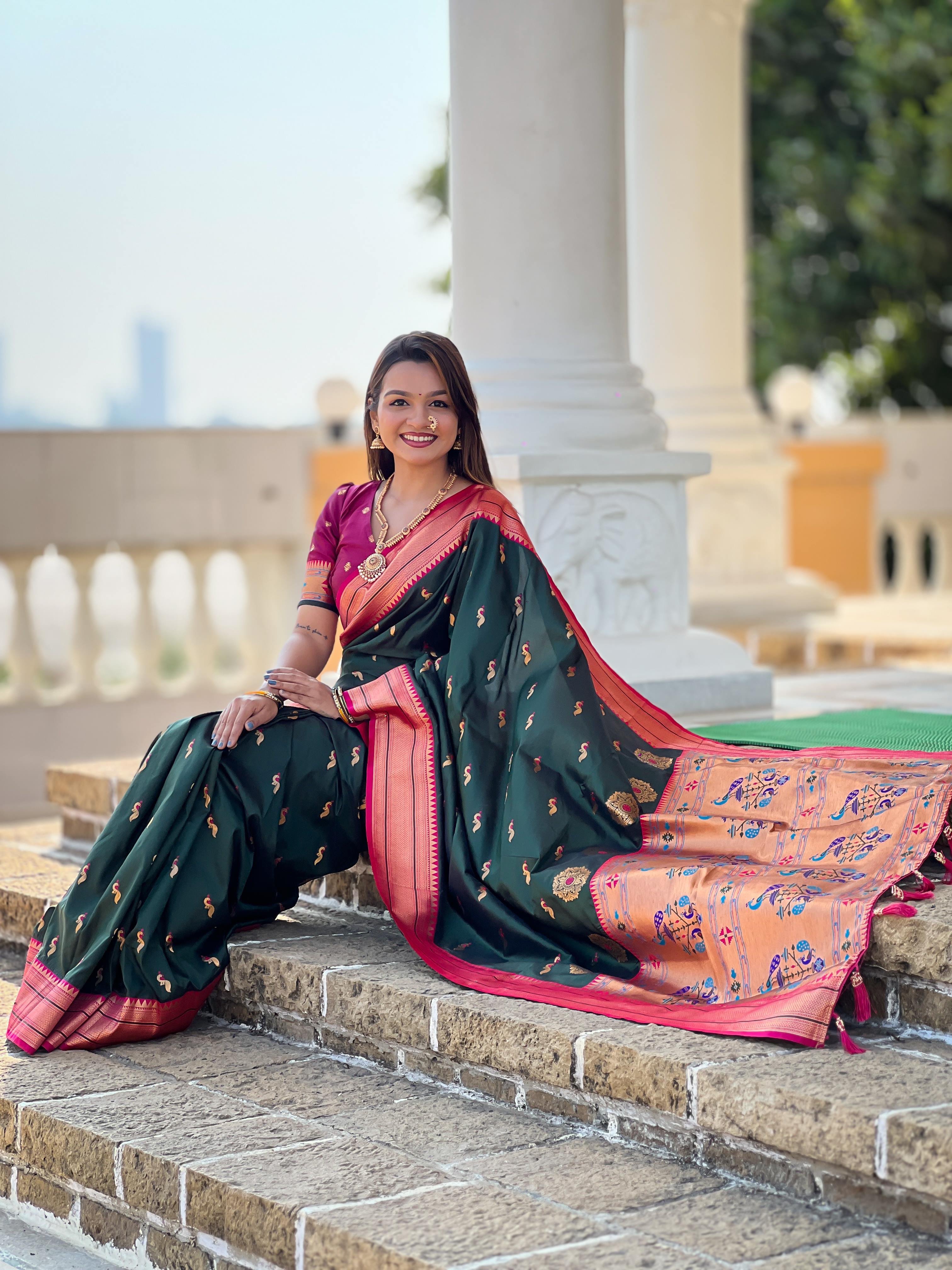 Bottle Green Traditional Paithani Silk Saree with Tassels & Latkans – Includes Matching Blouse