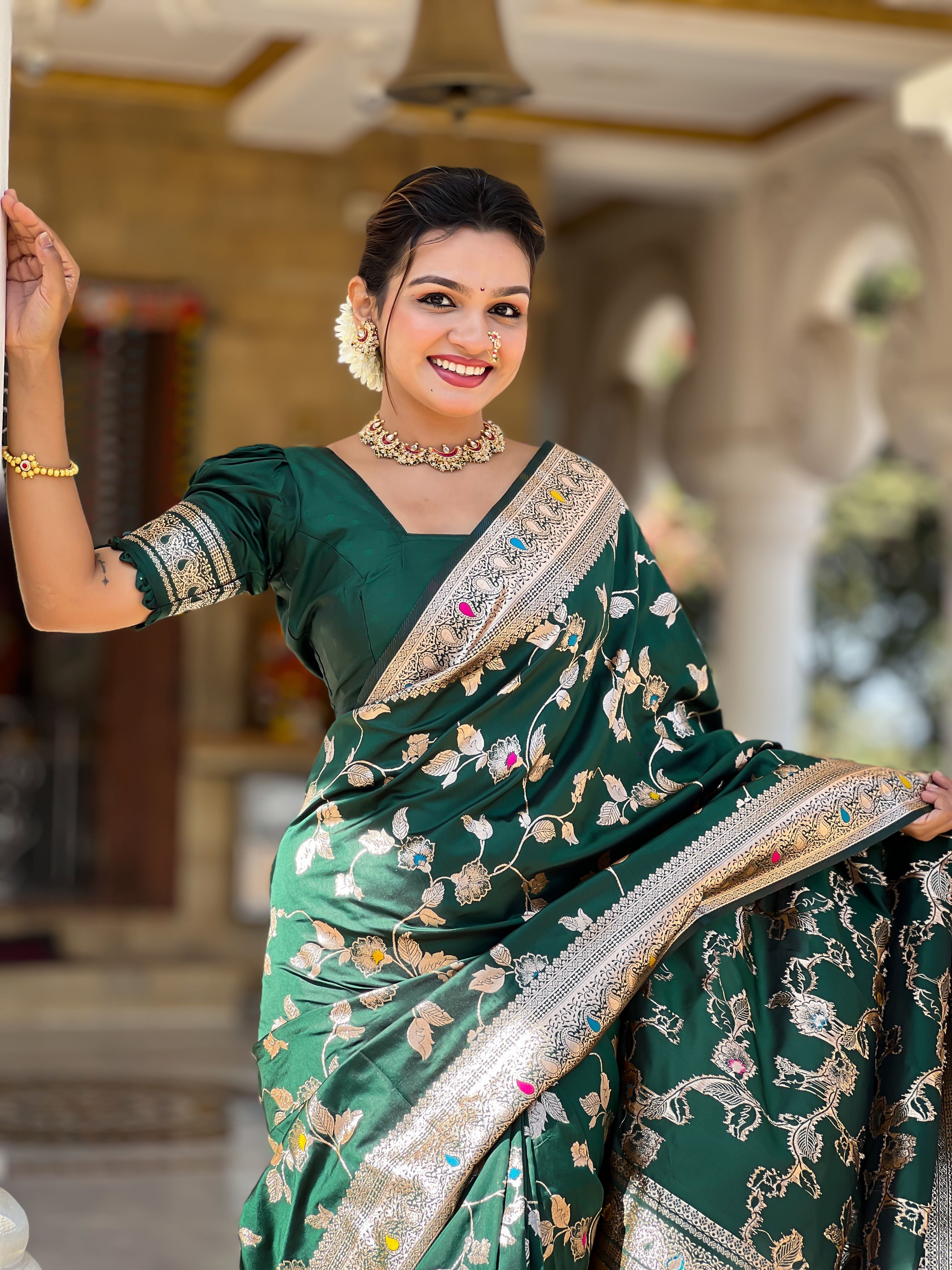Bottle green Varni Fabrics Women's Traditional Banarasi Silk Saree with Woven Design & Blouse
