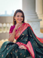 Bottle Green Traditional Paithani Silk Saree with Tassels & Latkans – Includes Matching Blouse