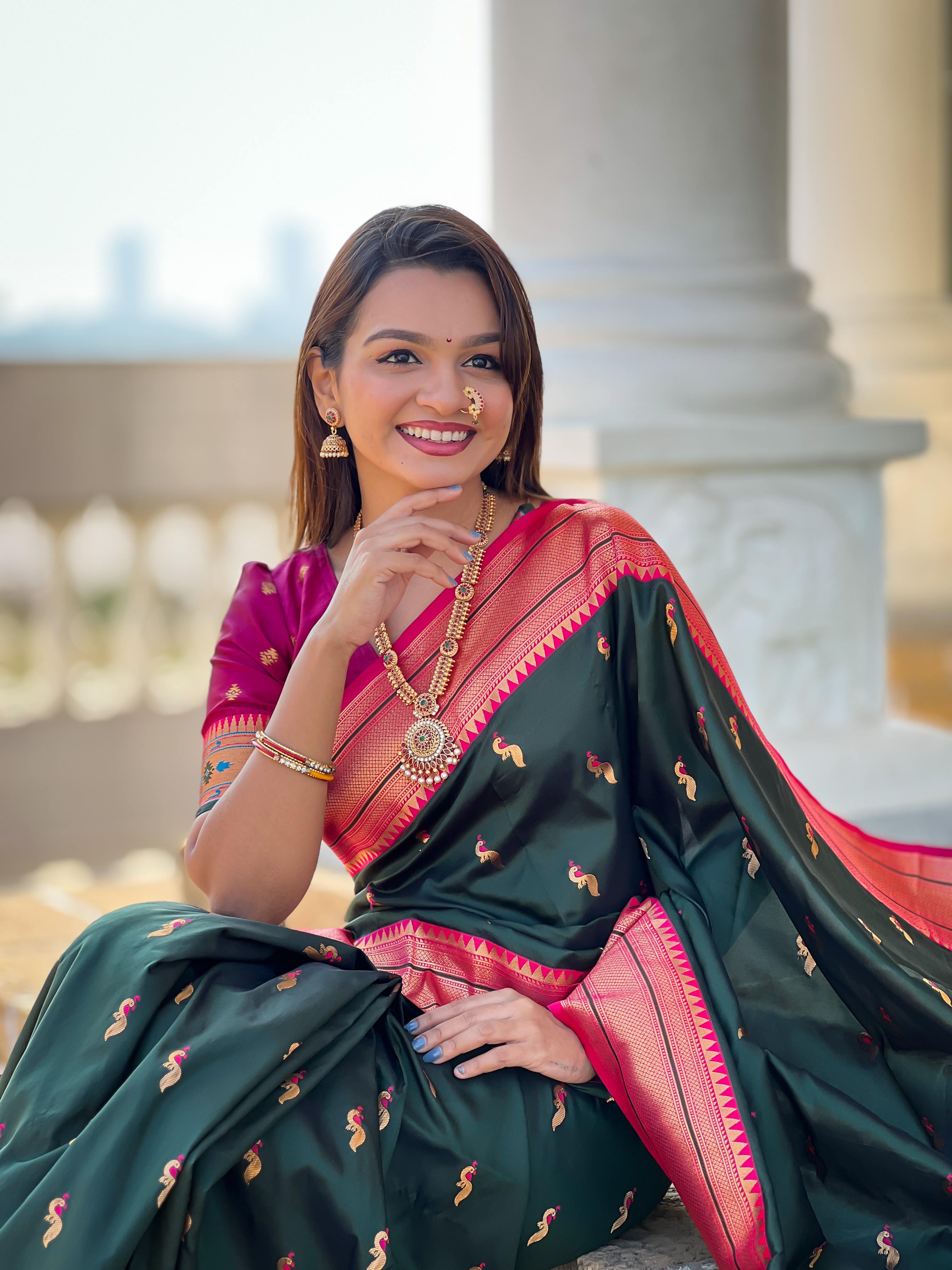 Bottle Green Traditional Paithani Silk Saree with Tassels & Latkans – Includes Matching Blouse